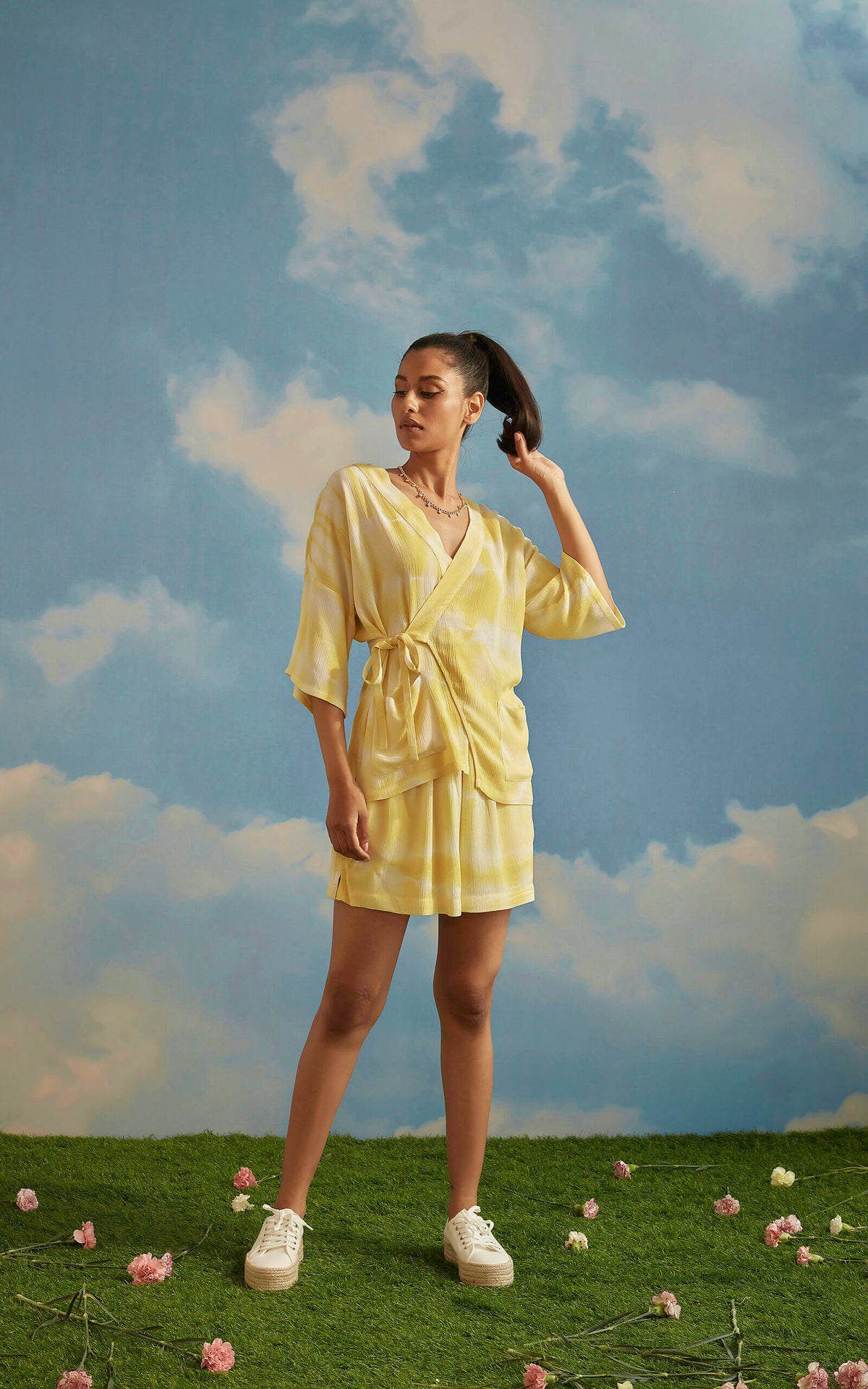 Yellow Tie-Dye Side Knot Kimono & High Waist Shorts Set