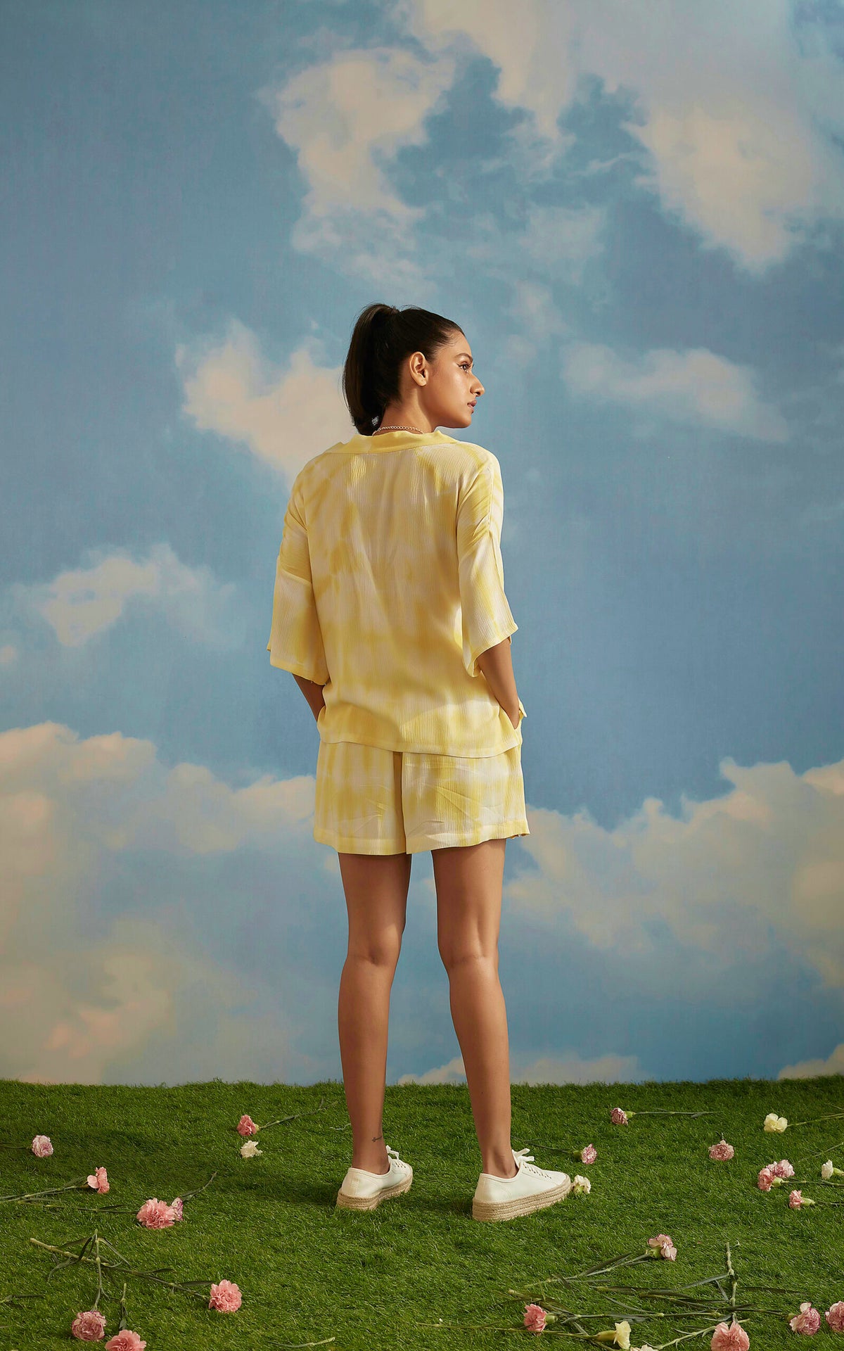 Yellow Tie-Dye Side Knot Kimono & High Waist Shorts Set
