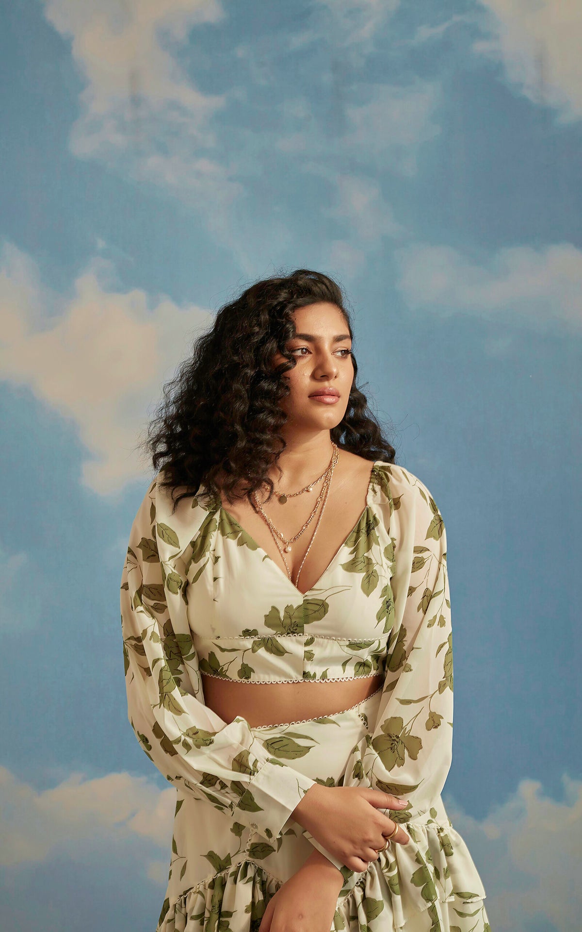 Green Floral Print “V”- Neck Top