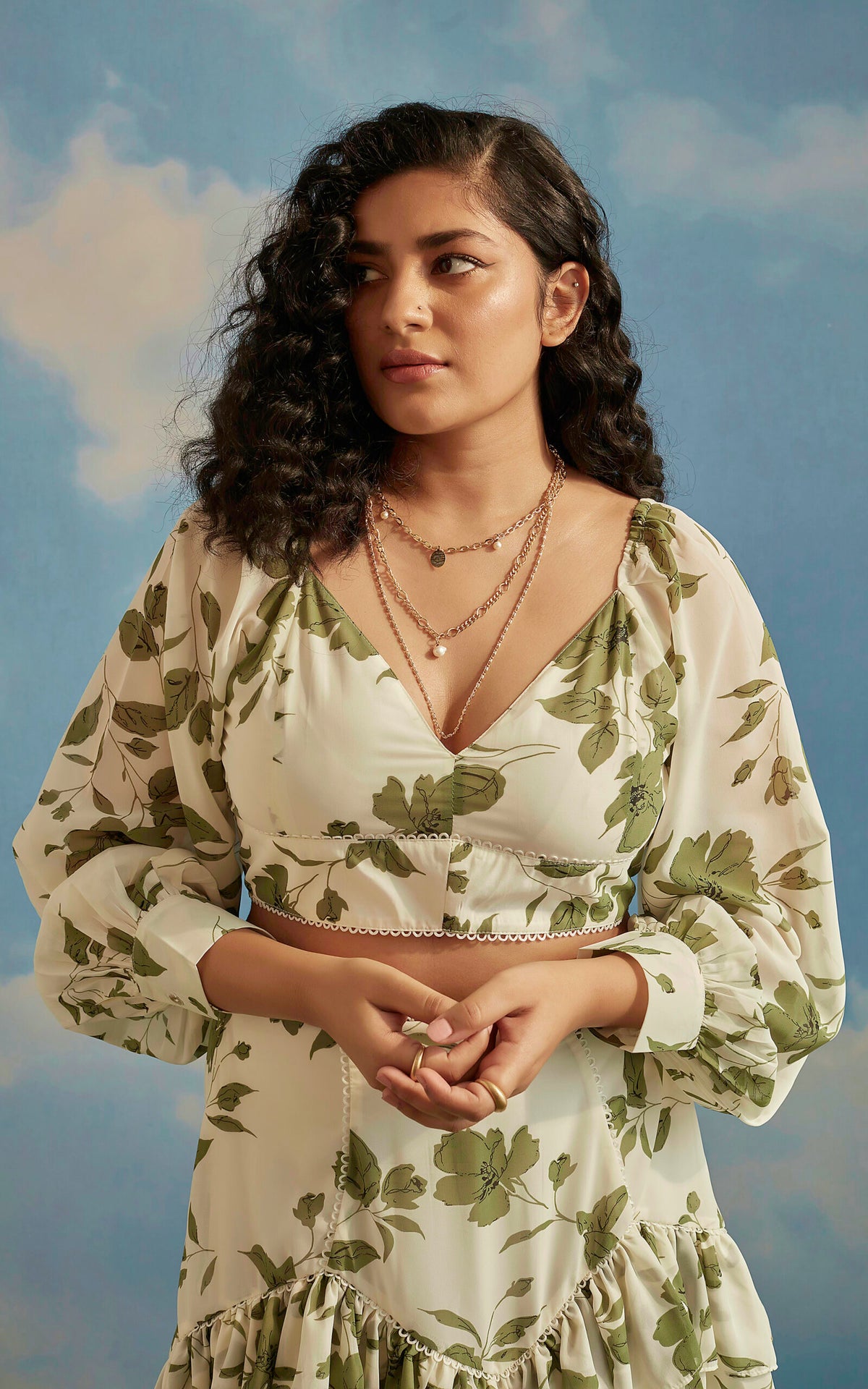 Green Floral Print “V”- Neck Top