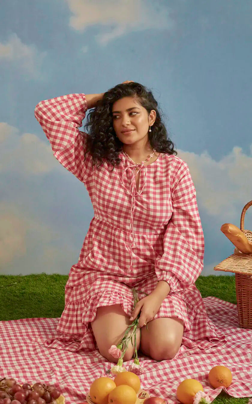 Pink Checkered A line Front Tie Up Dress