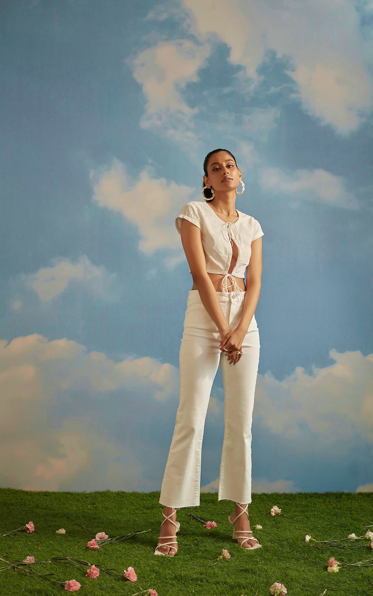 White Schiffli Front Tie-Up Crop Top