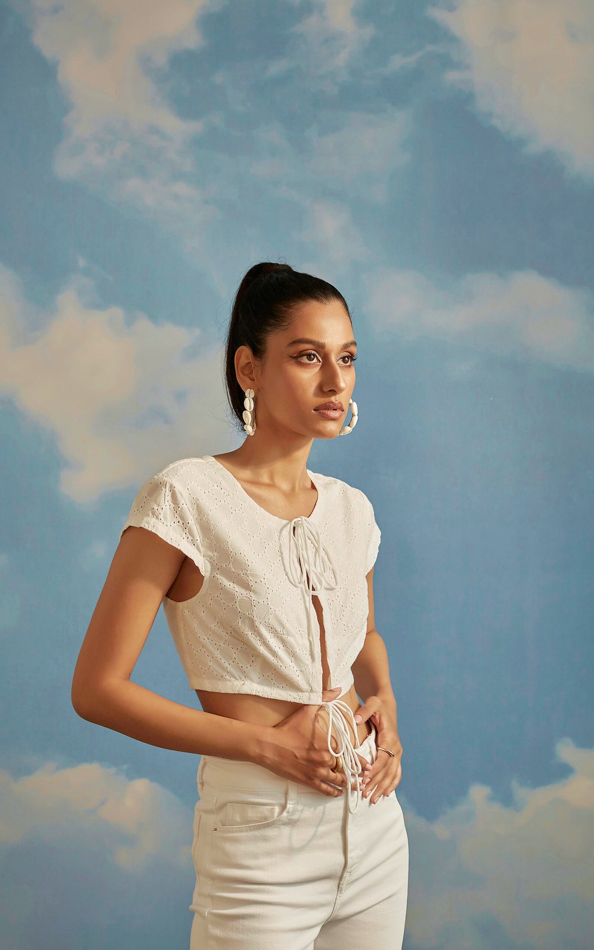 White Schiffli Front Tie-Up Crop Top