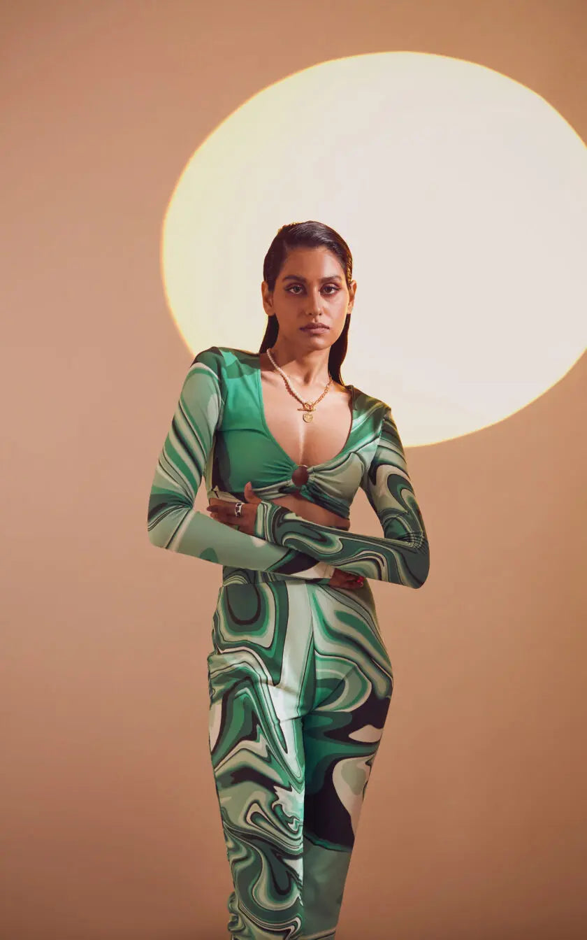 Green Swirl Print Full Sleeves Bodycon Top With O Ring