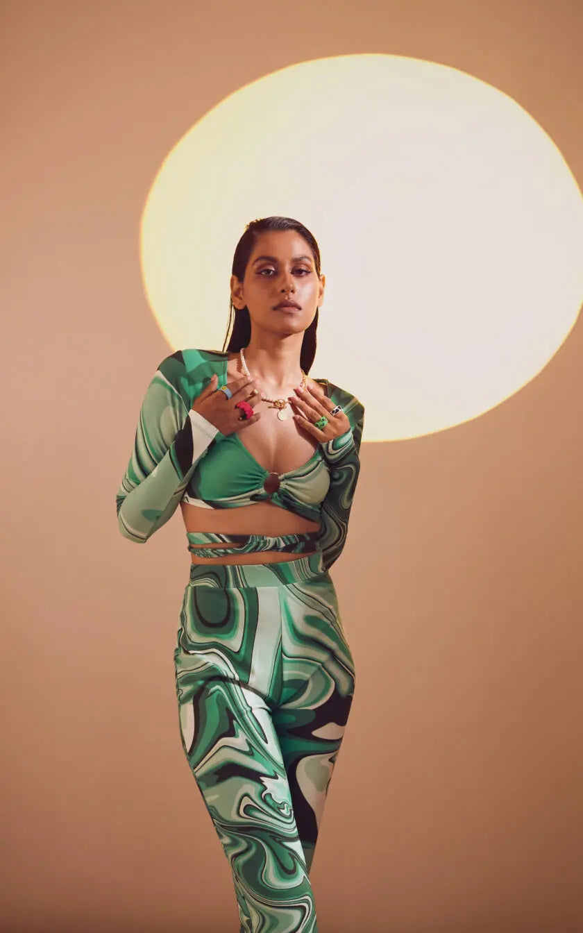 Green Swirl Print Full Sleeves Bodycon Top With O Ring