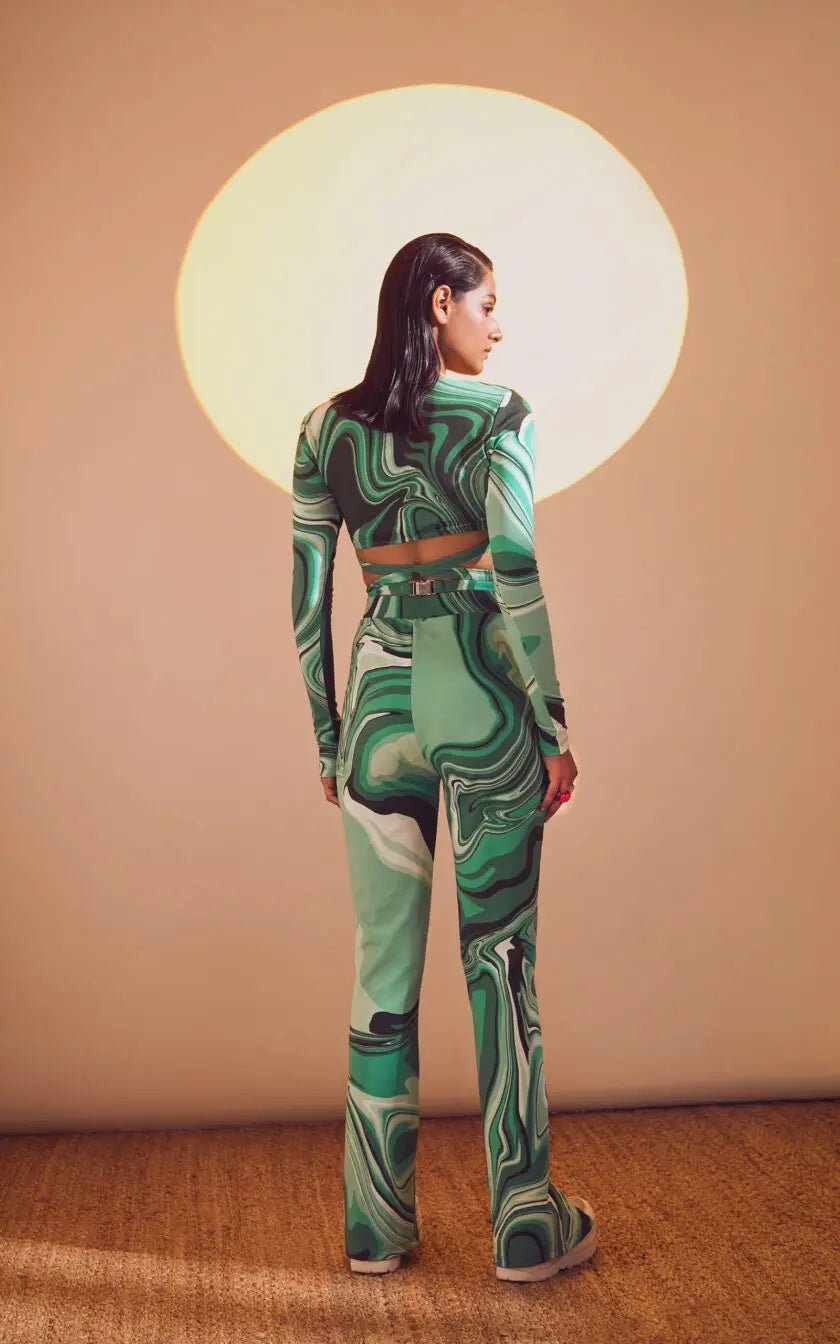 Green Swirl Print Full Sleeves Bodycon Top With O Ring