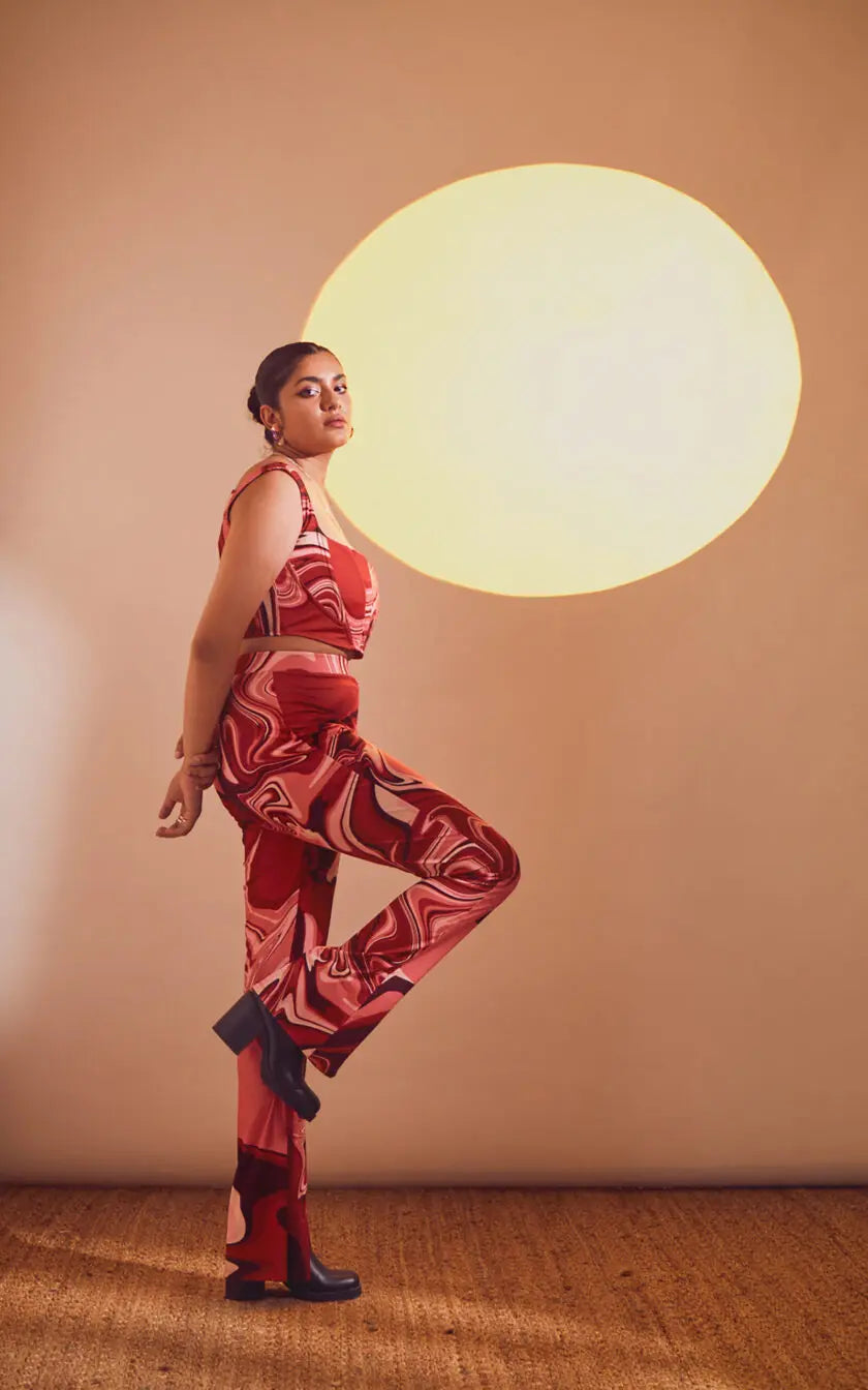 Red Swirl Print Fitted Corset Top