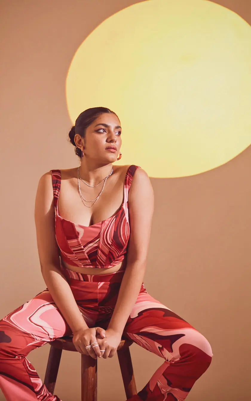 Red Swirl Print Fitted Corset Top