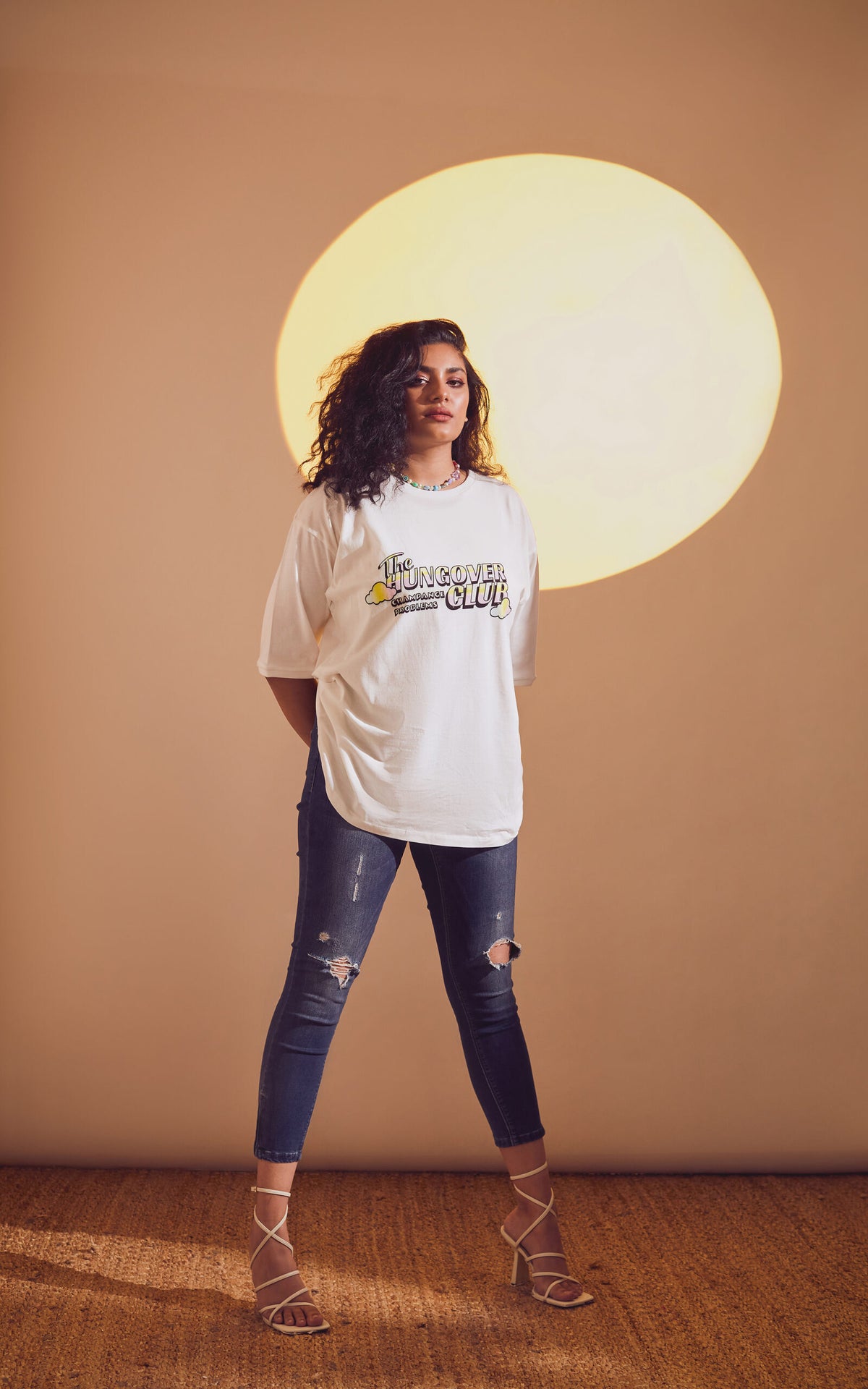 White Oversized Printed Round Neck T-Shirt (The hungover club)