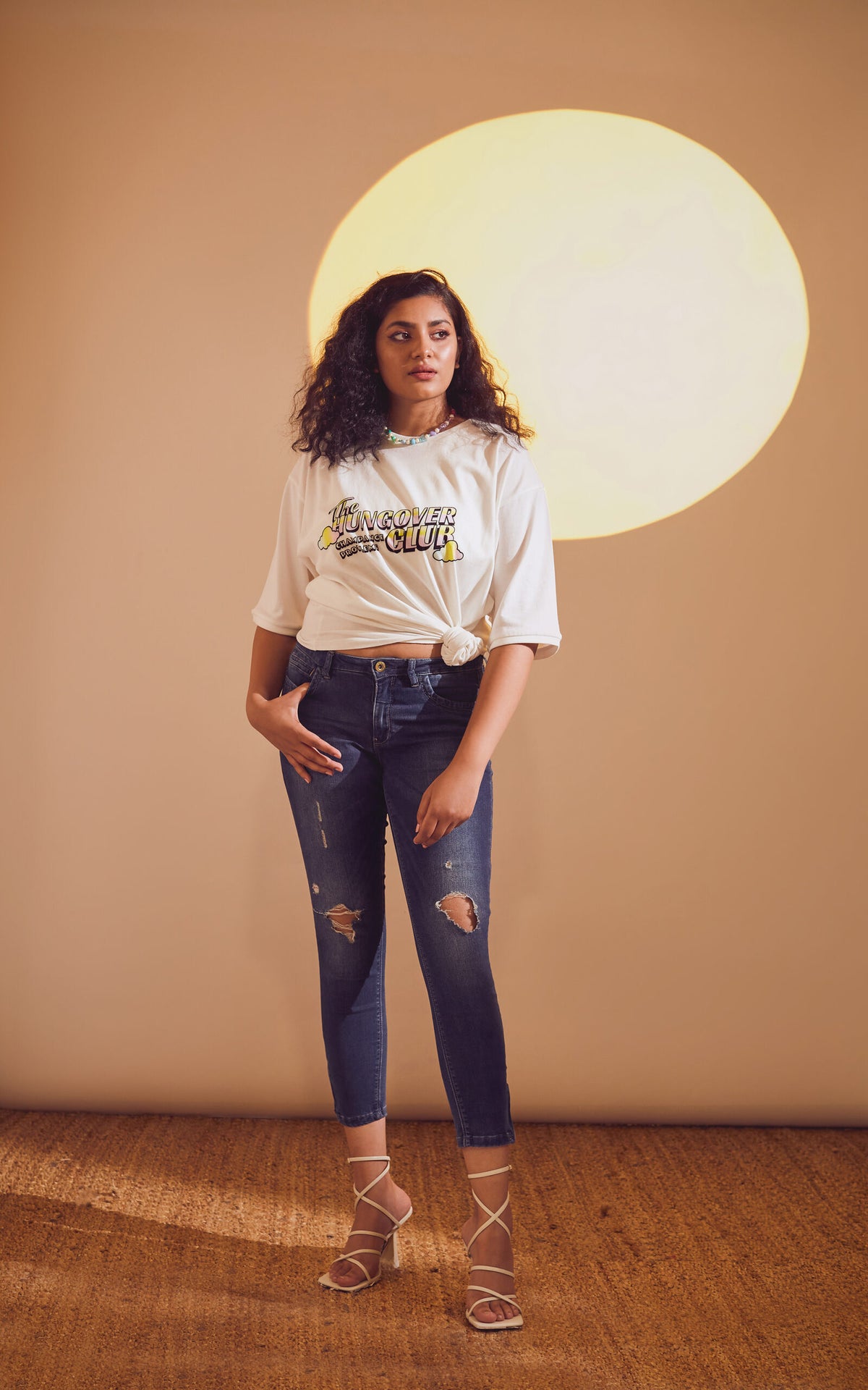 White Oversized Printed Round Neck T-Shirt (The hungover club)