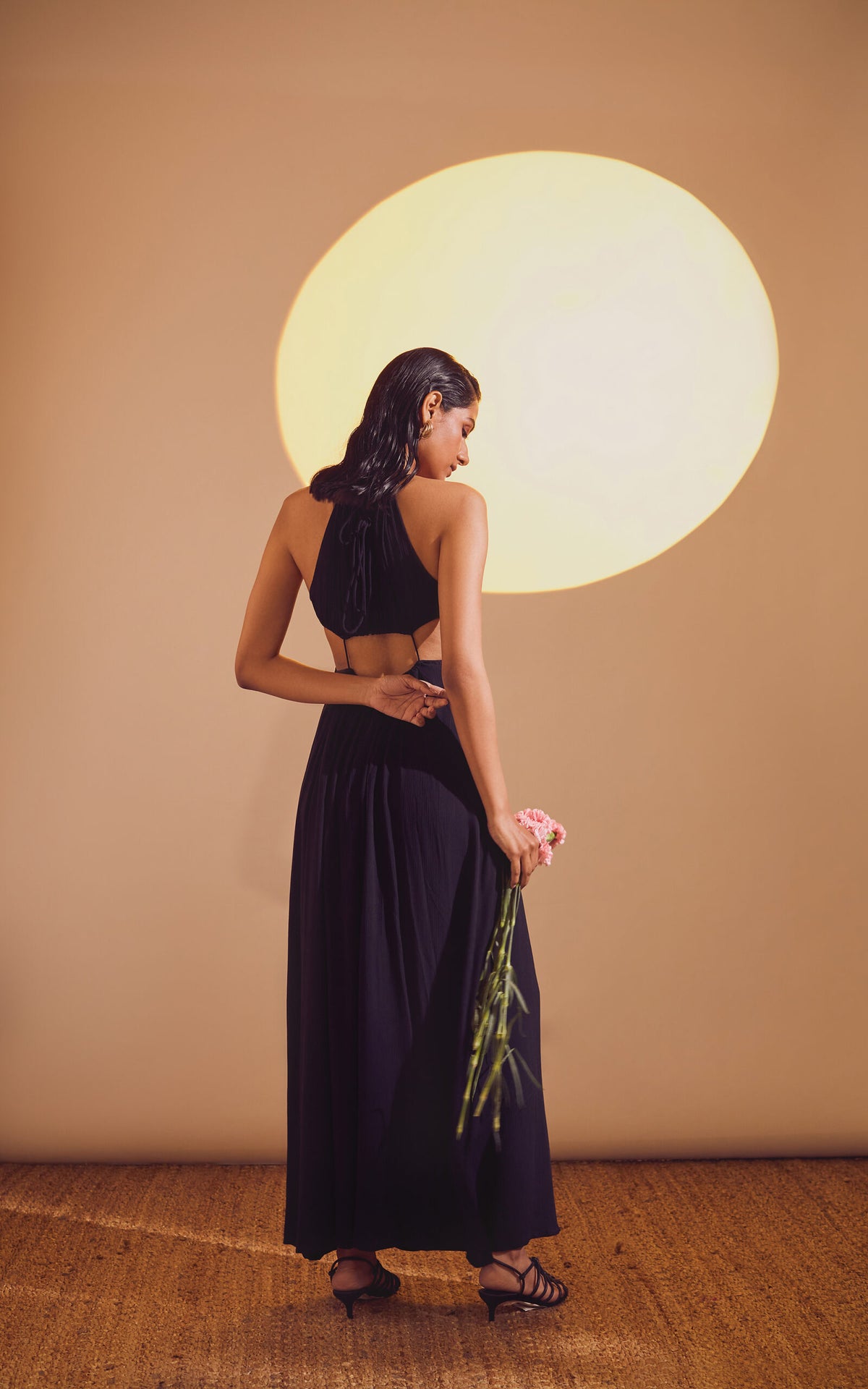 Black Halter Neck Drawstring Tie-Up Long Slit Dress