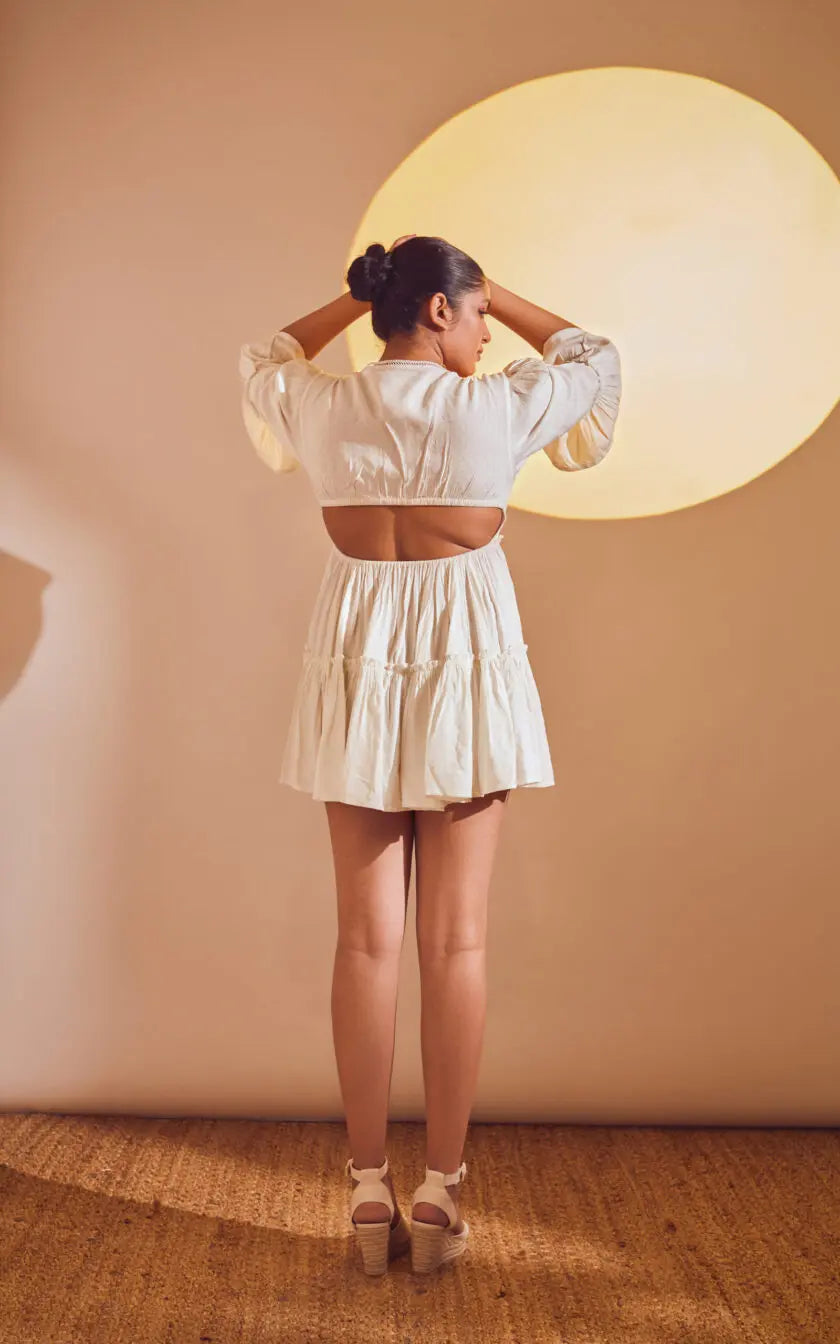 Off White V- Neck Fitted Dress With Lace Detail