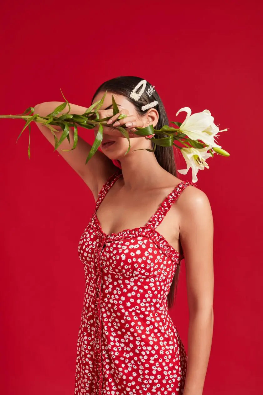 Red Floral Buttoned Up Mini Dress