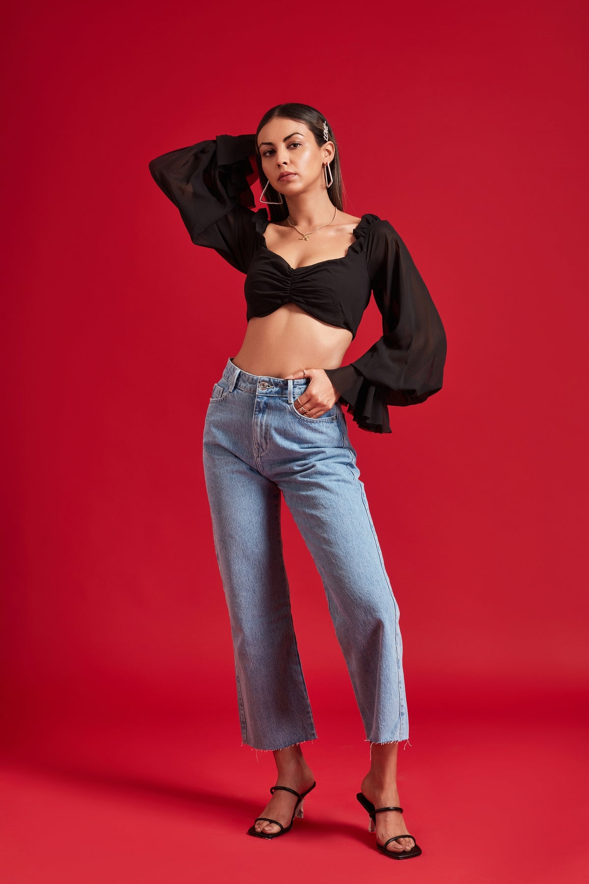 Black Balloon Sheer Sleeves Crop Top with Frills