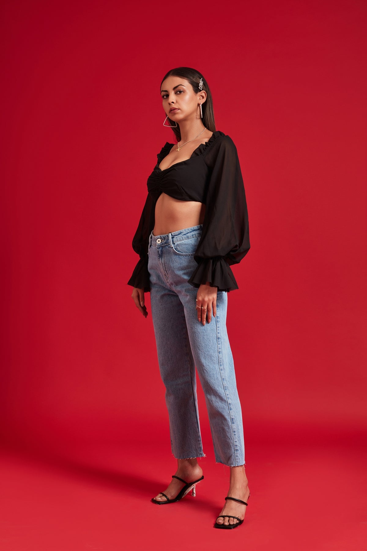 Black Balloon Sheer Sleeves Crop Top with Frills