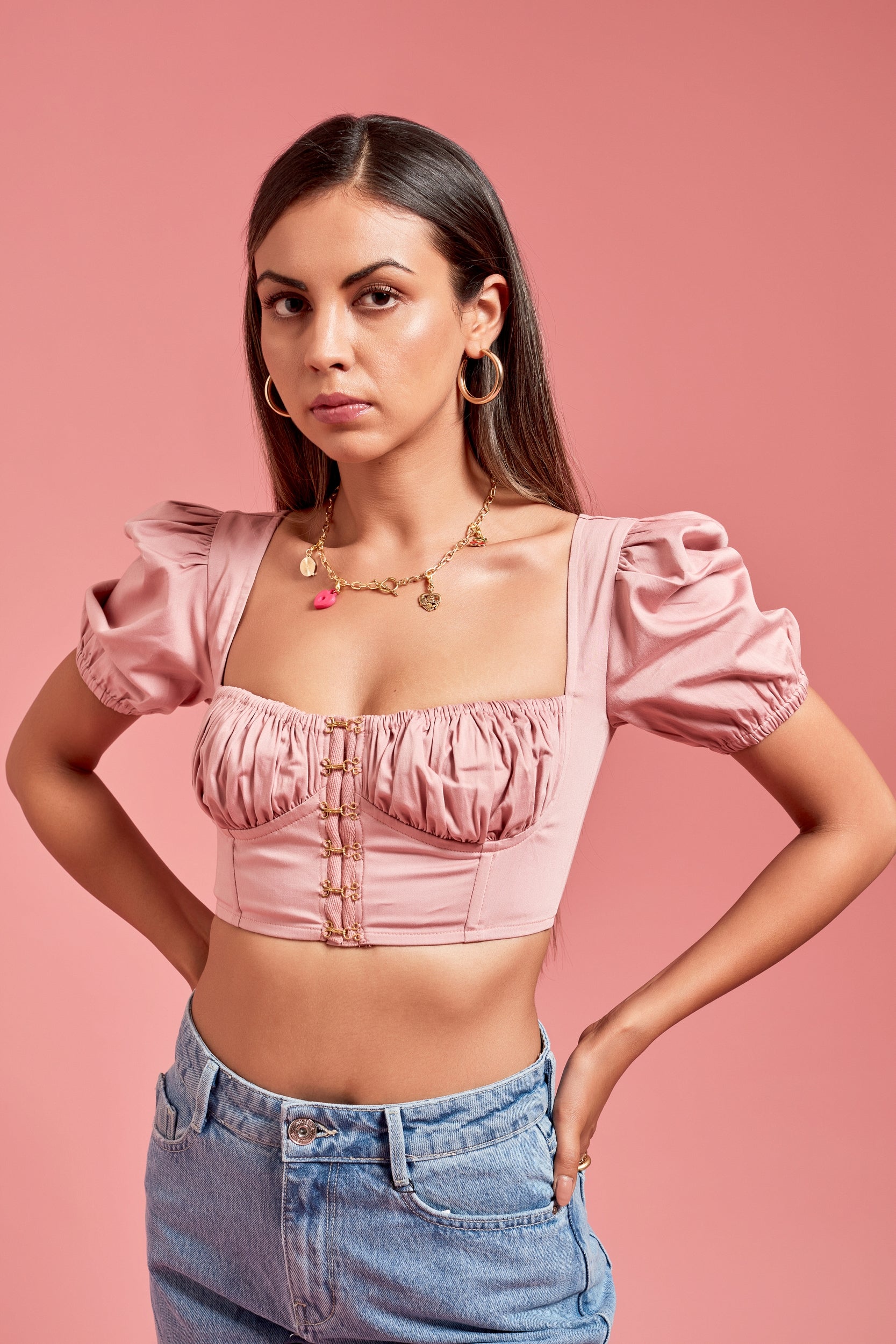 Buy PINK HOOK-&-EYE PADDED CORSET TOP for Women Online in India