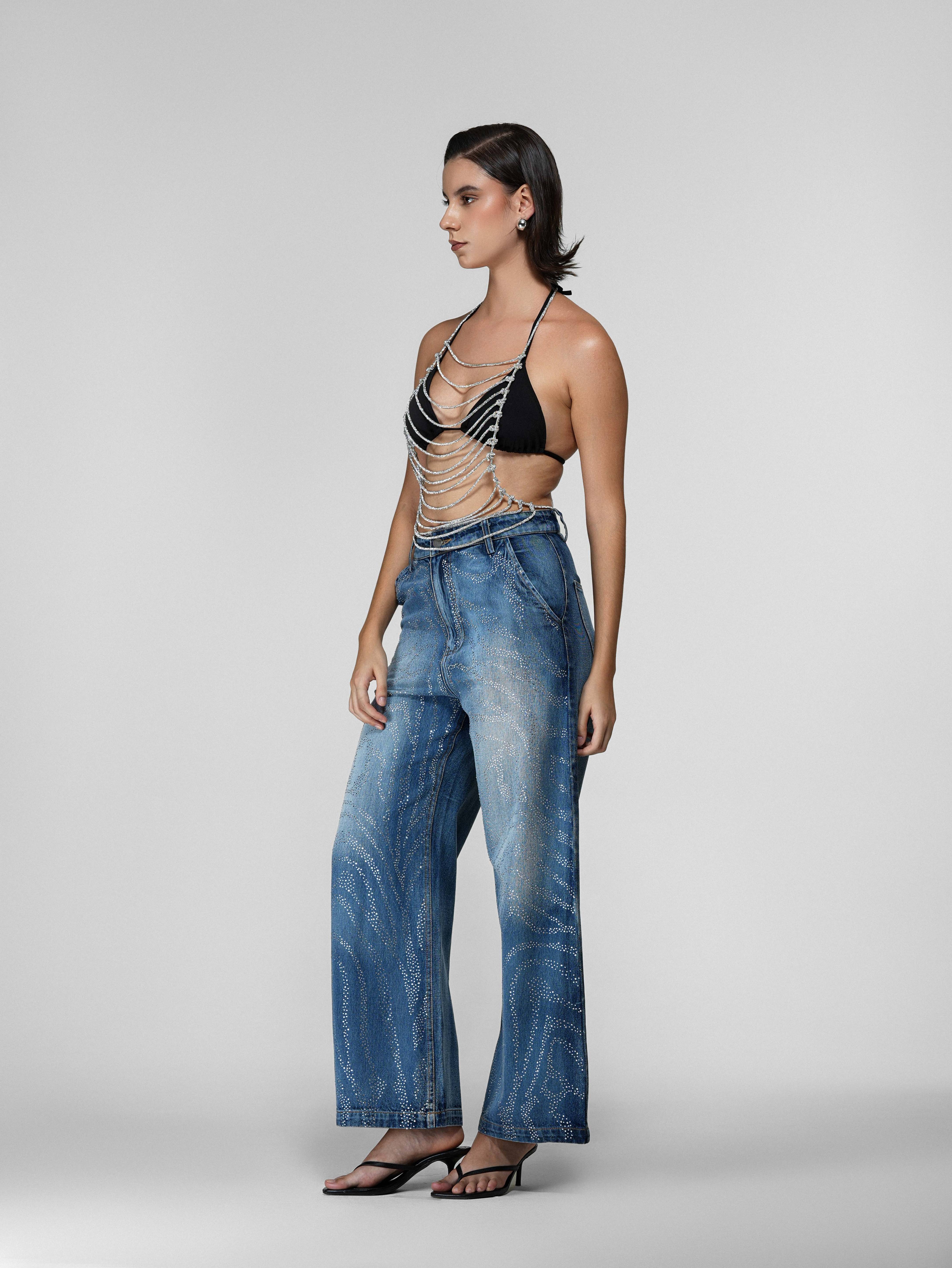 Zebra Rhinestone Wide-Leg Jeans