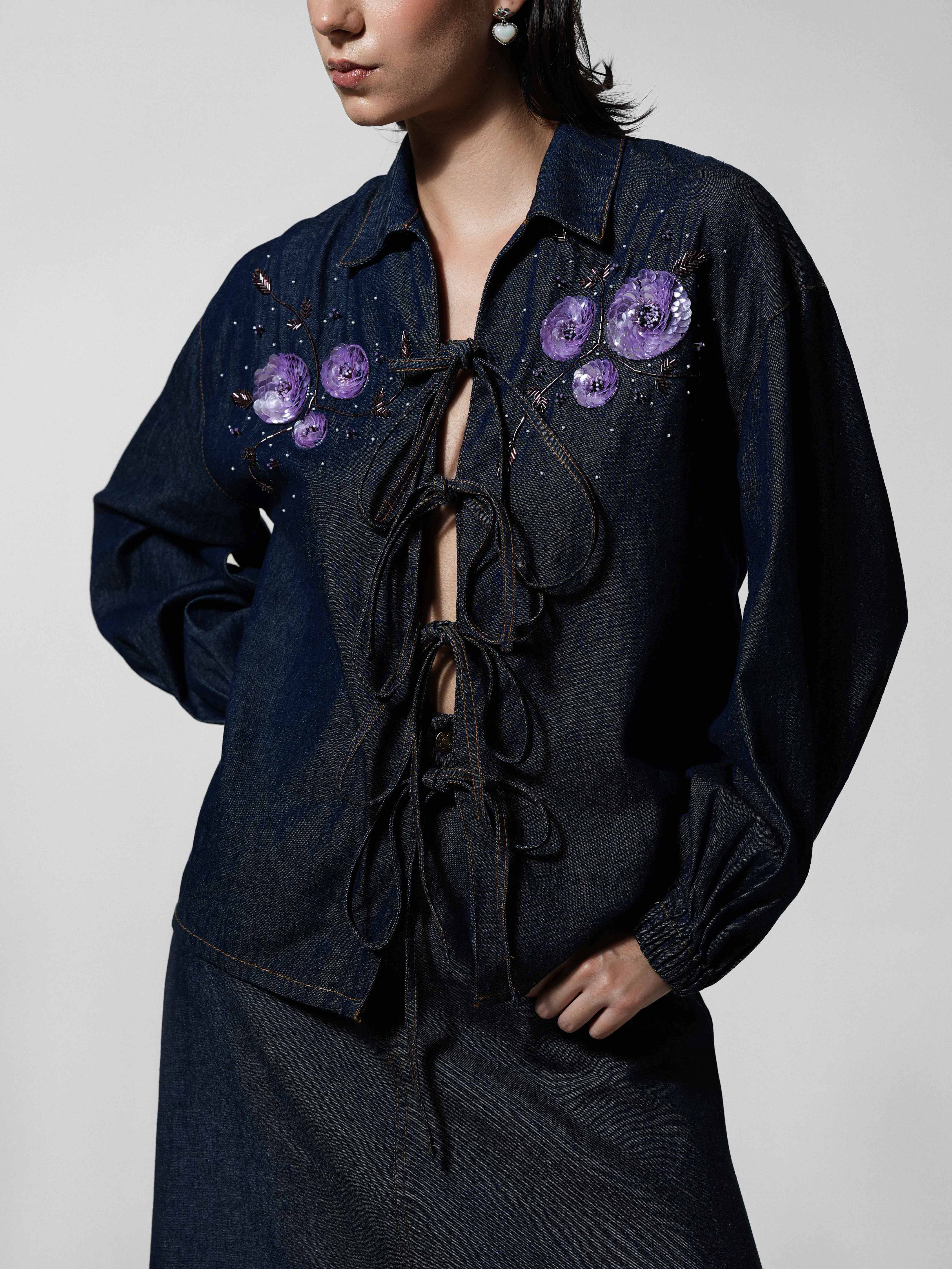 Cord-Laced Floral Beaded Denim Shirt