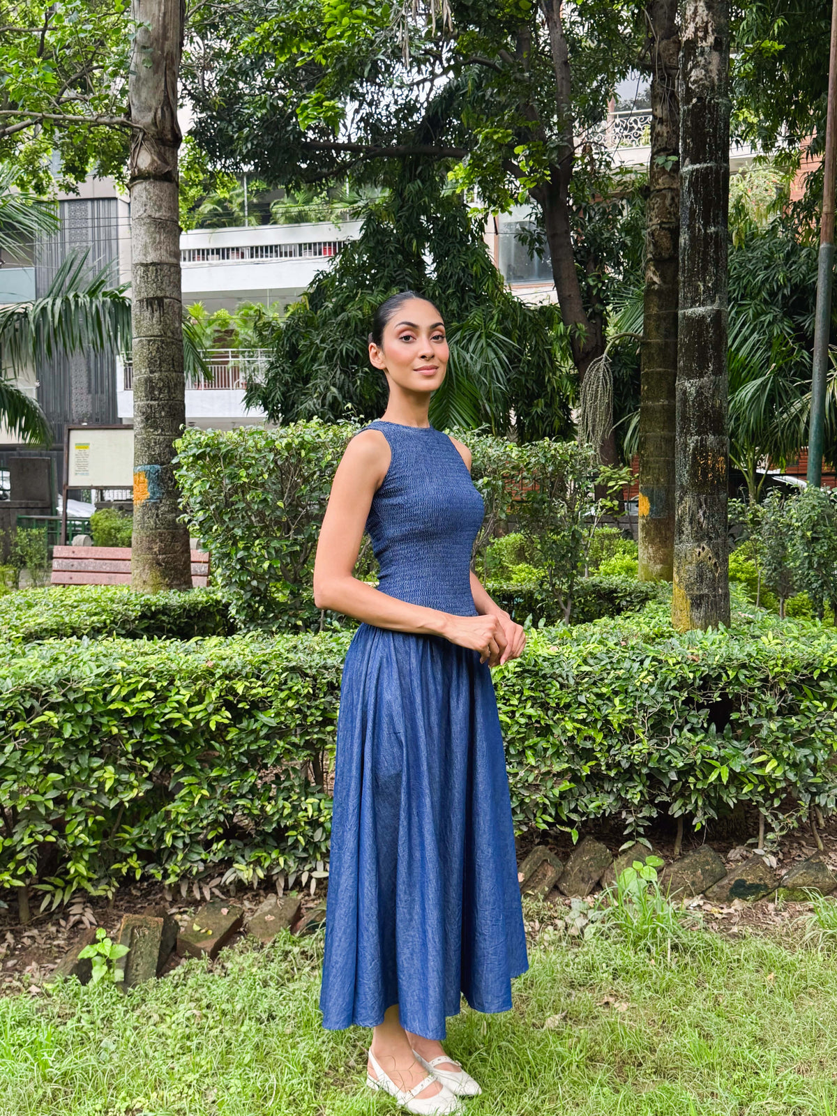 Blue Denim Smocked Bodice Dress