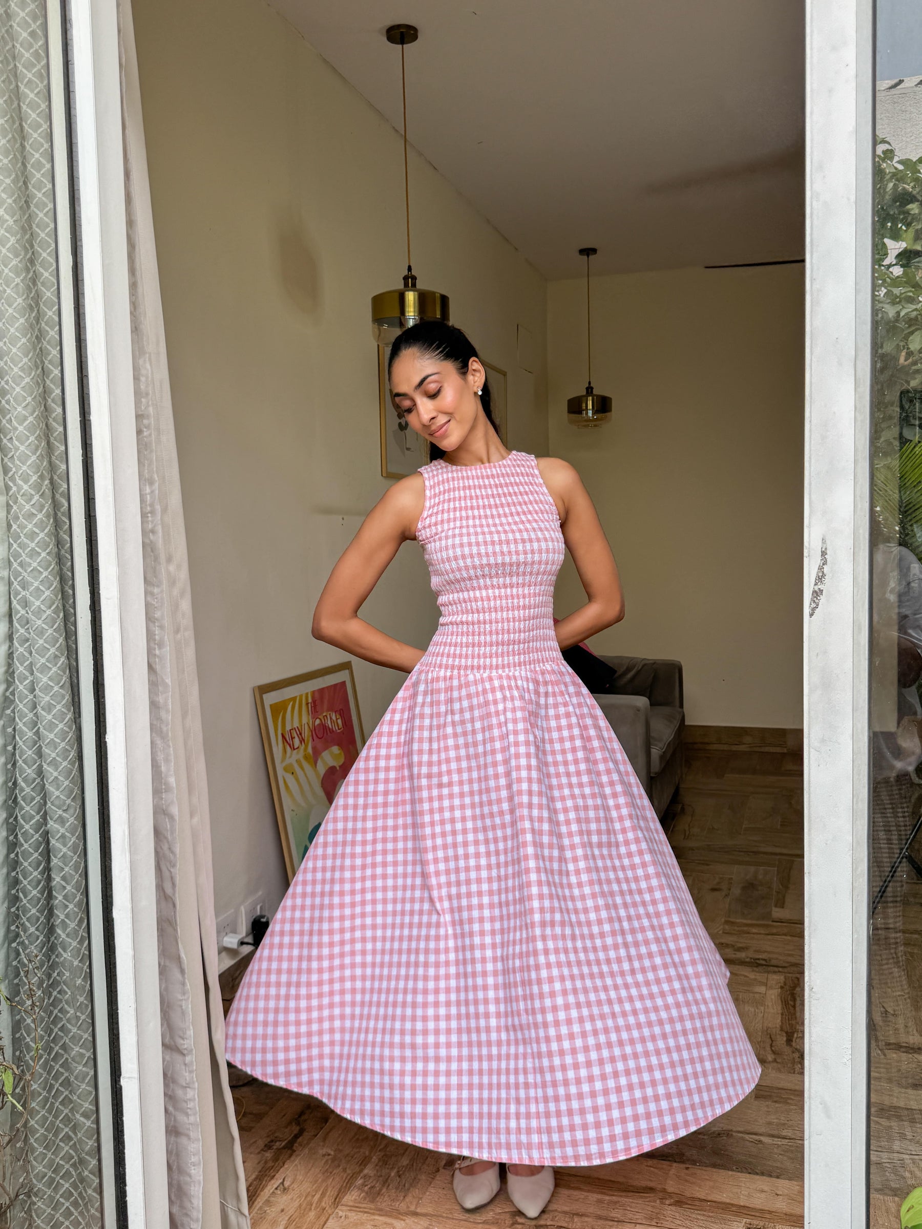 Pink Gingham Smocked Bodice Dress