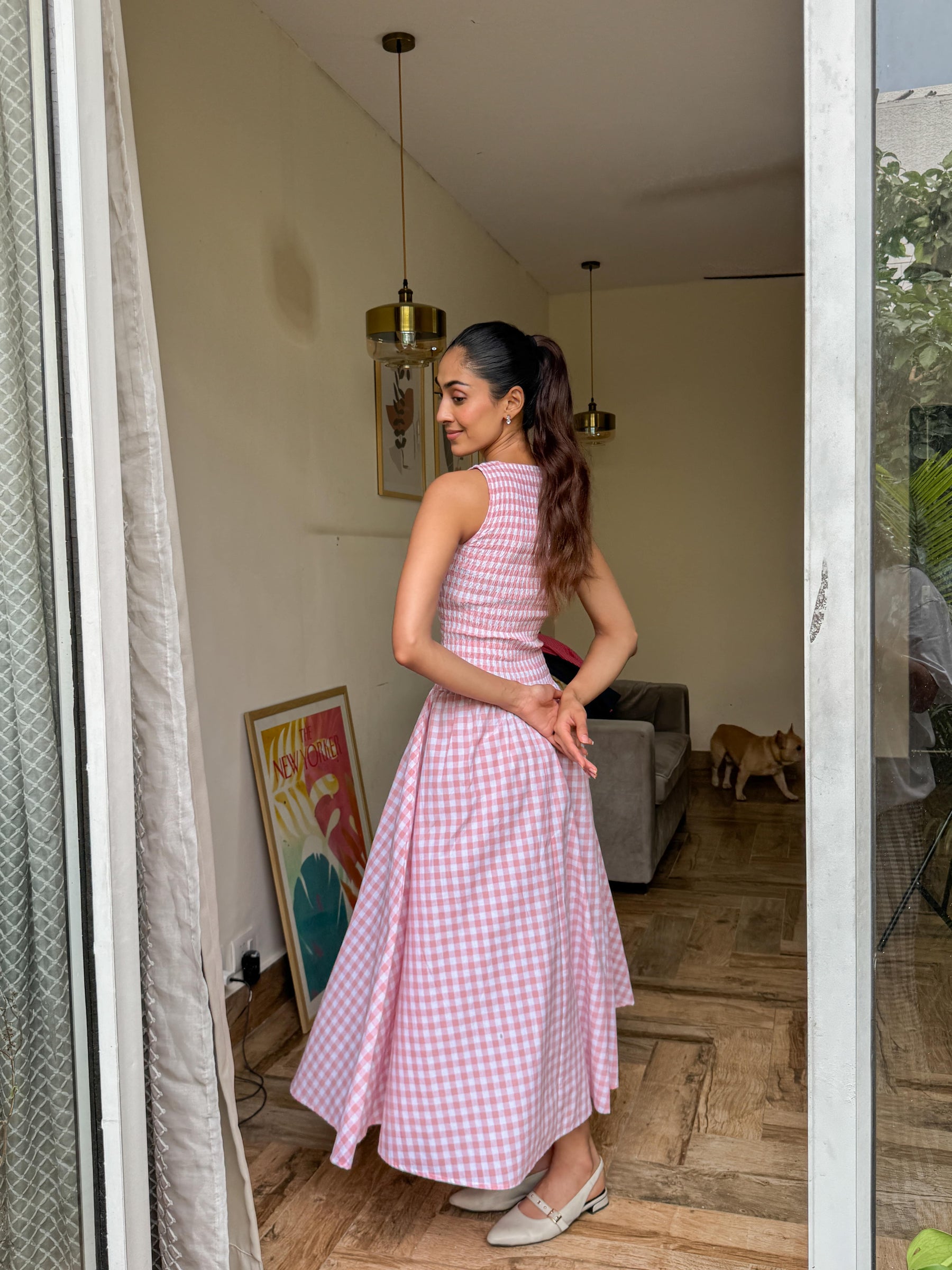 Pink Gingham Smocked Bodice Dress