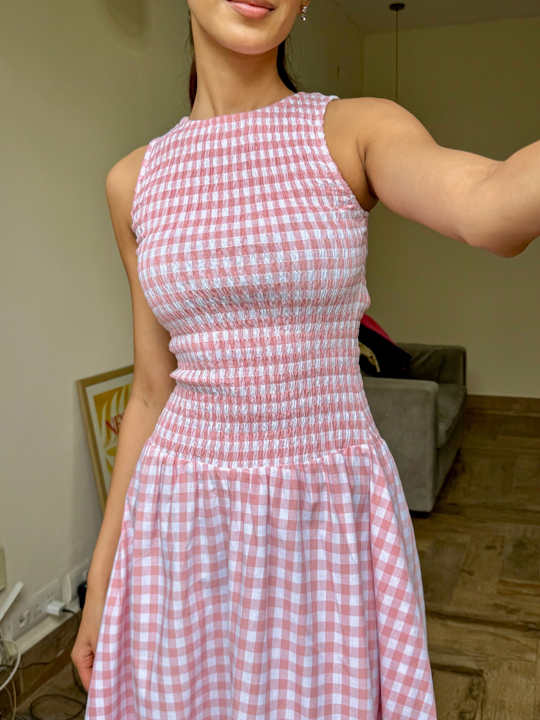 Pink Gingham Smocked Bodice Dress