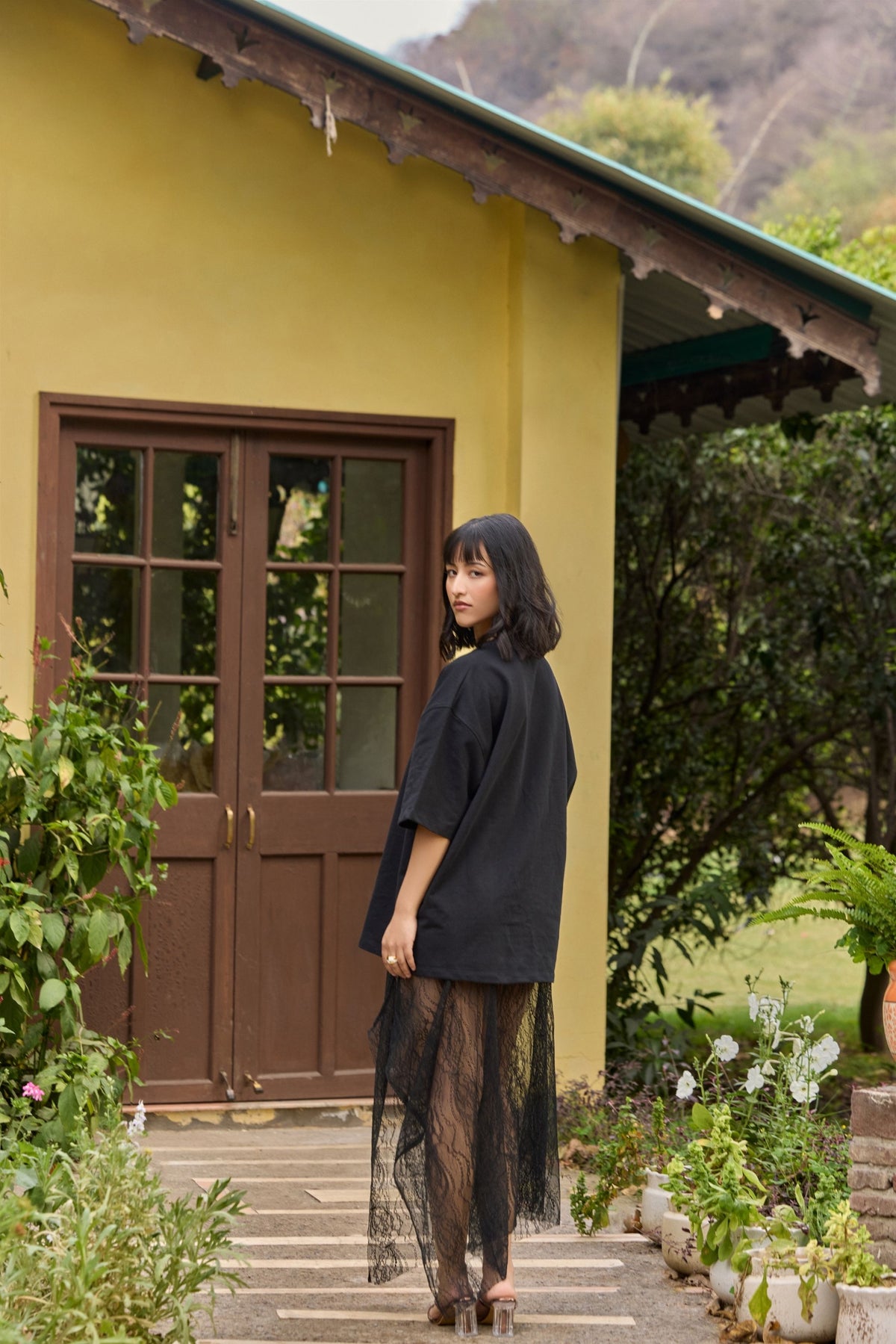 Black Asymmetric Lace Maxi Skirt