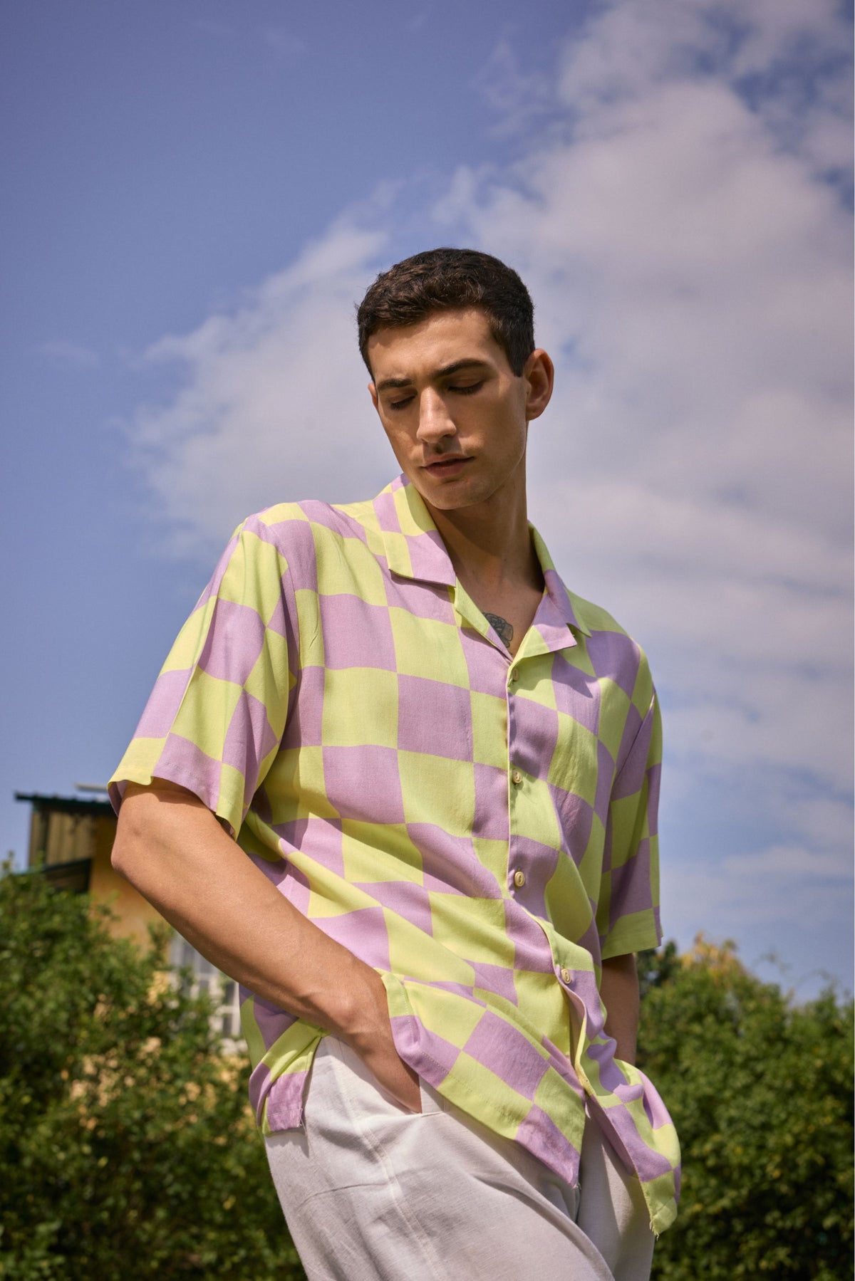 Checkerboard Print Short-Sleeve Shirt