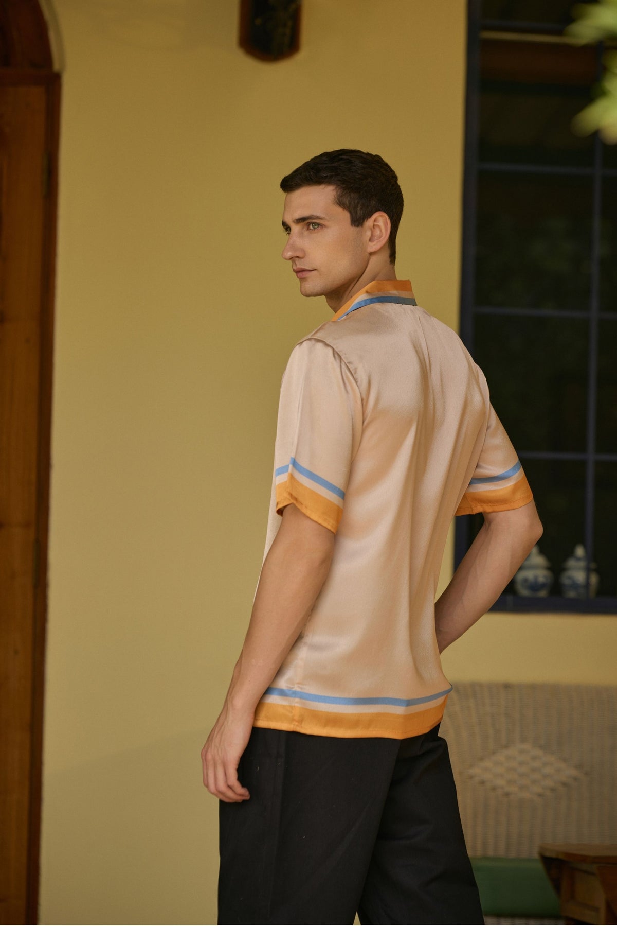 Beige Satin Cuban Shirt with Orange & Blue Stripes