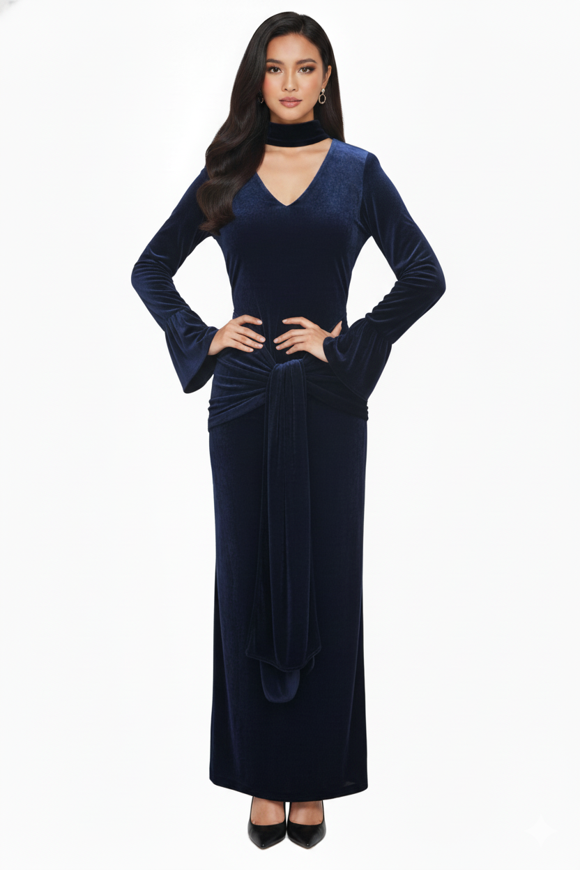 Royal Navy Velvet Dress with Scarf Neck
