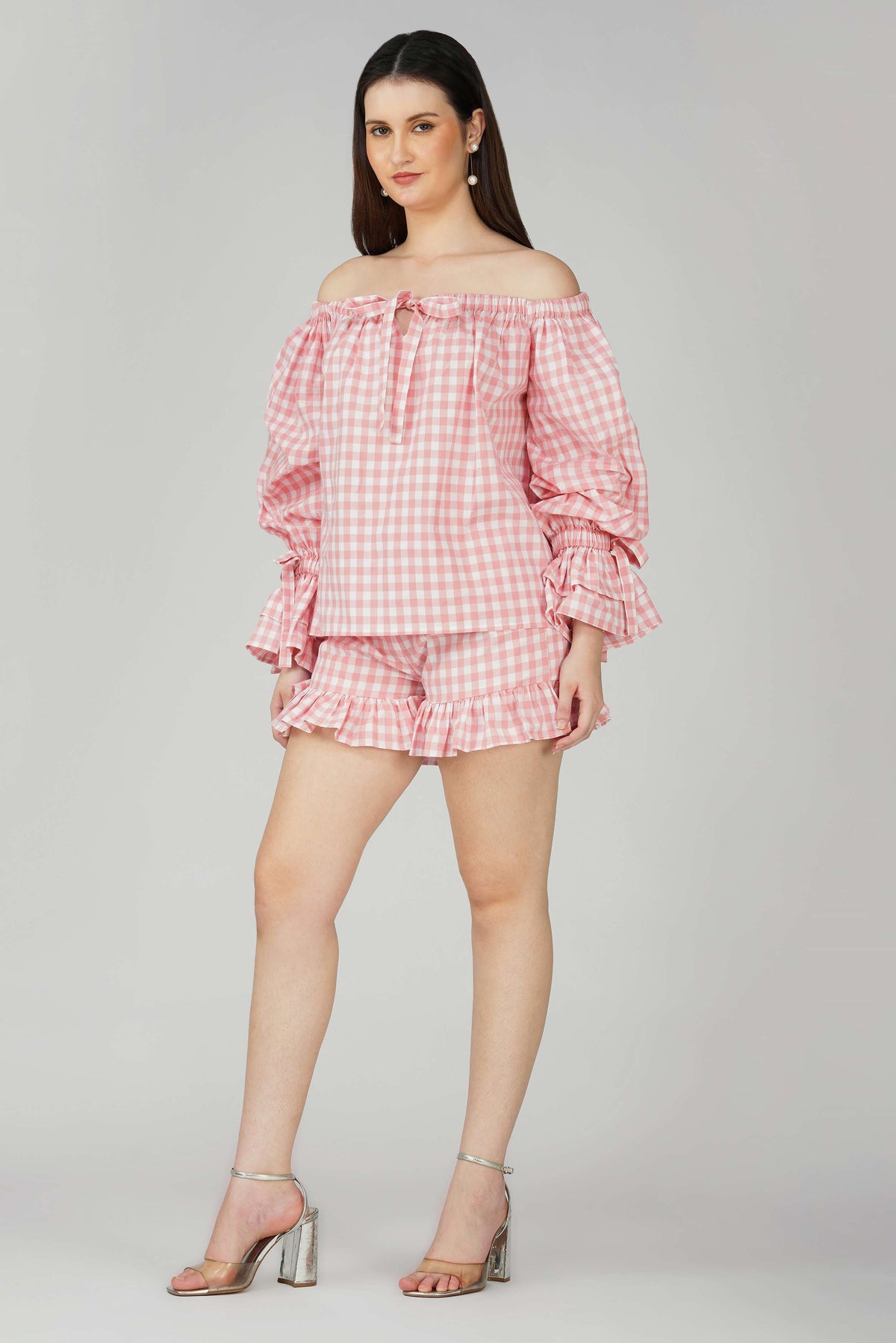 Baby pink gingham off shoulder Top
