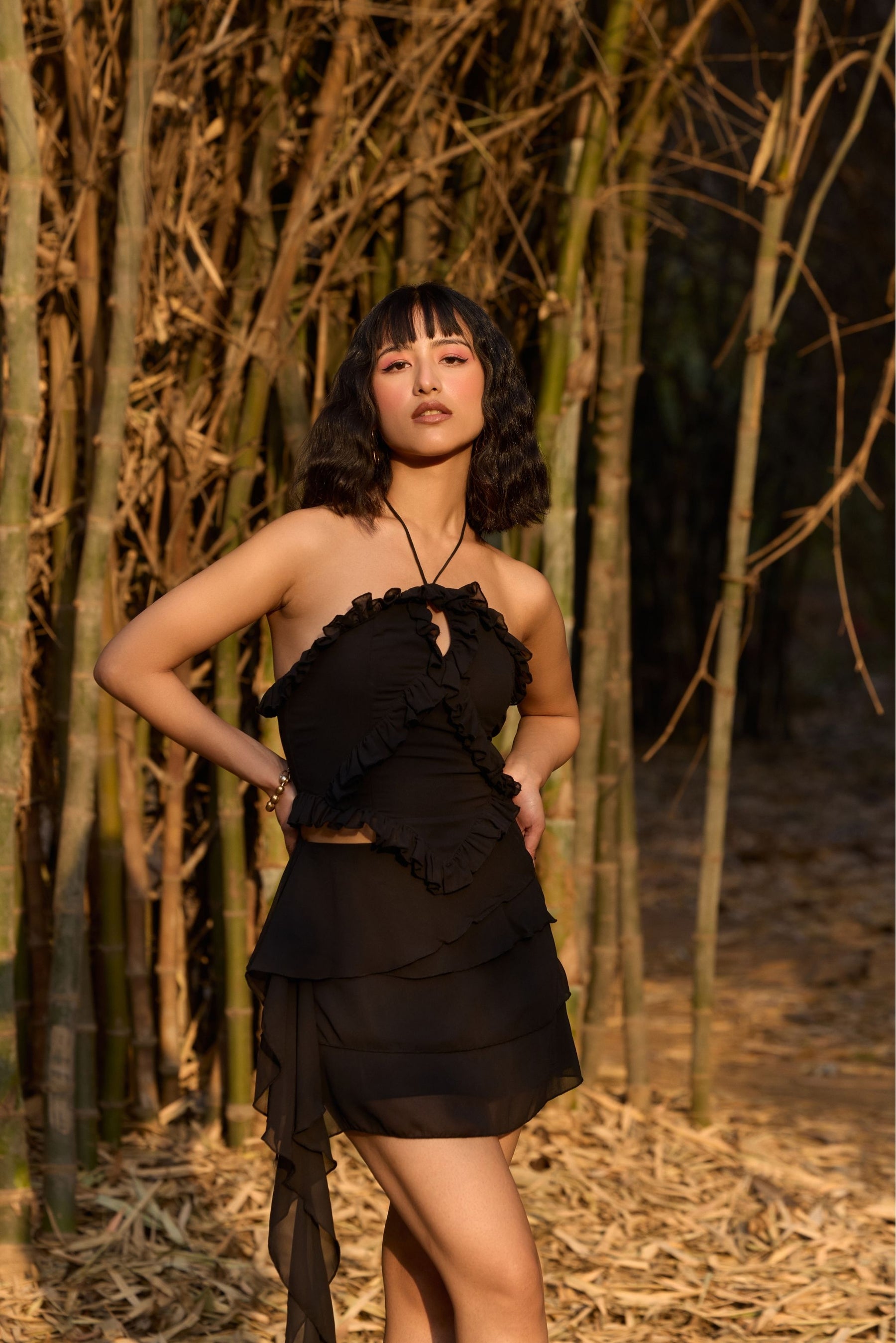 Black Ruffled Halter Neck Co-ord Set
