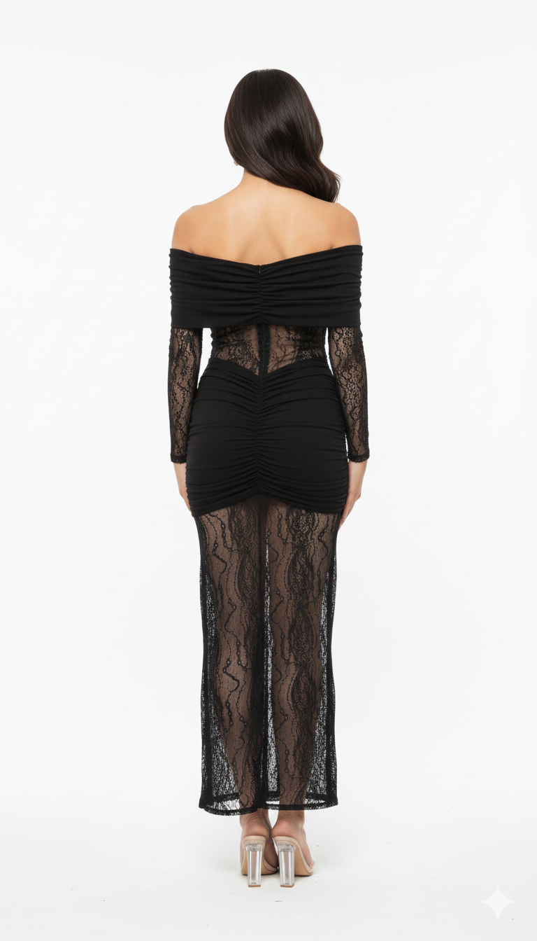 Black Sheer Lace Off-Shoulder Ruched Bodycon Dress