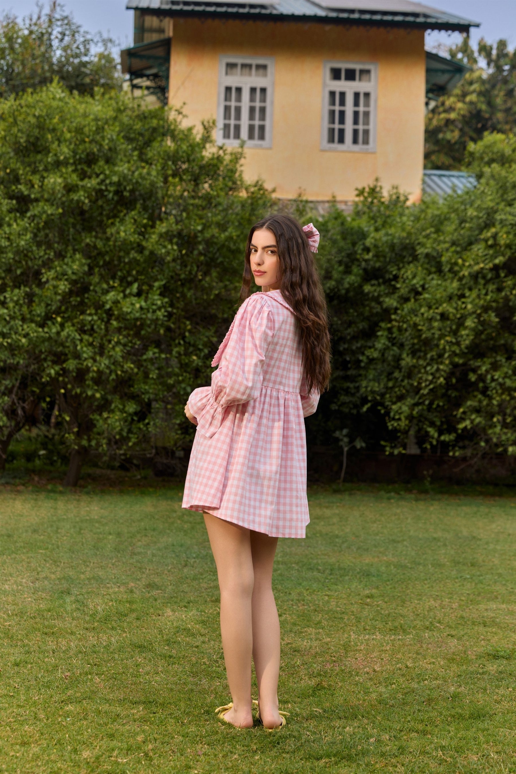 Pink Checked Flared Mini Dress