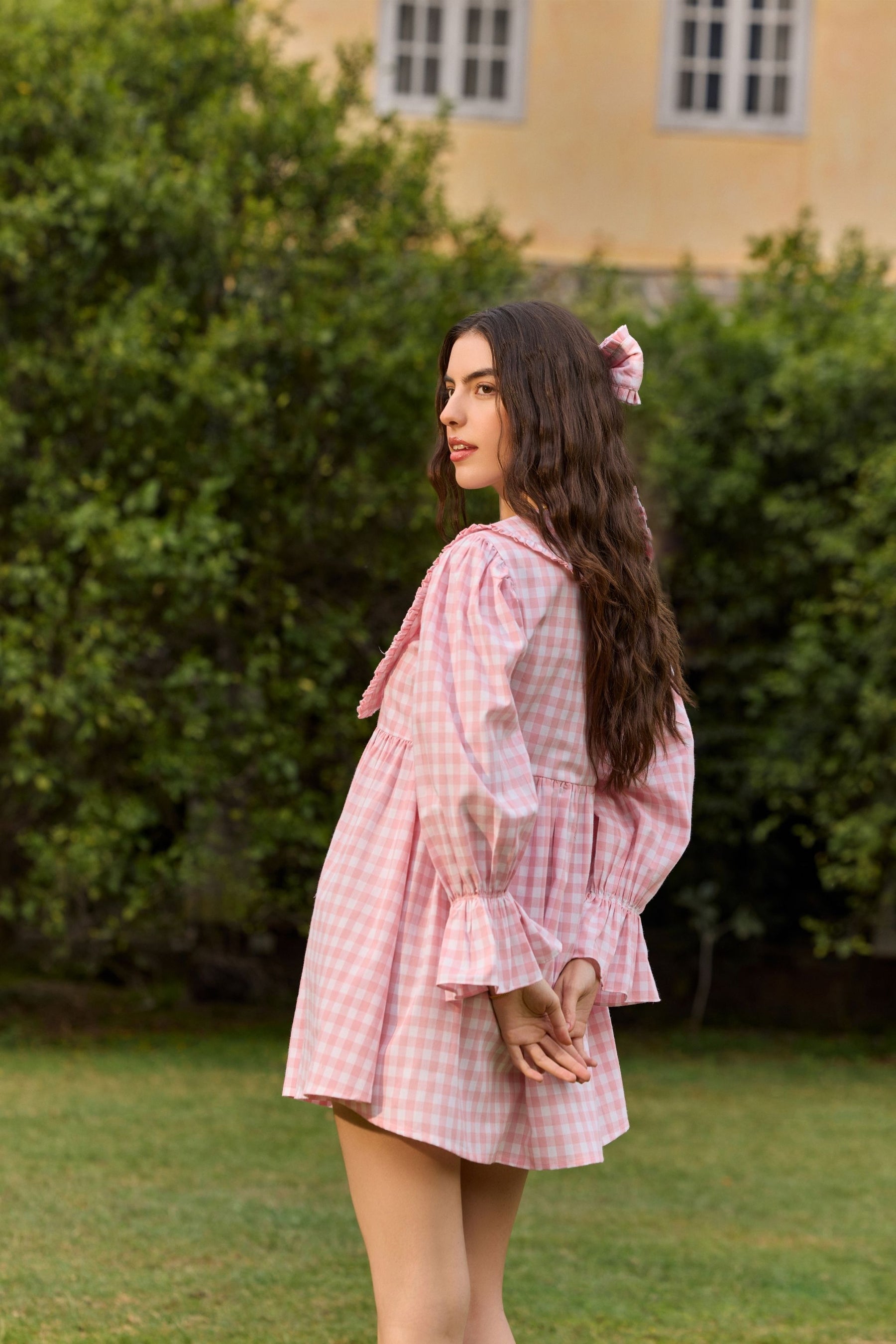 Pink Checked Flared Mini Dress