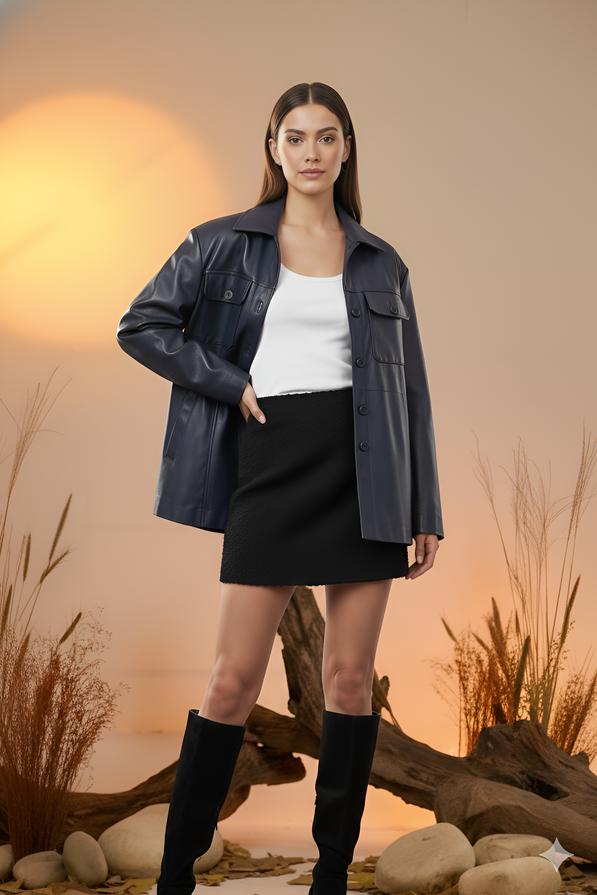 Faux Leather Utility Jacket-Navy Blue