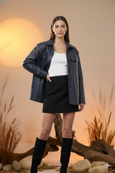 Faux Leather Utility Jacket-Navy Blue