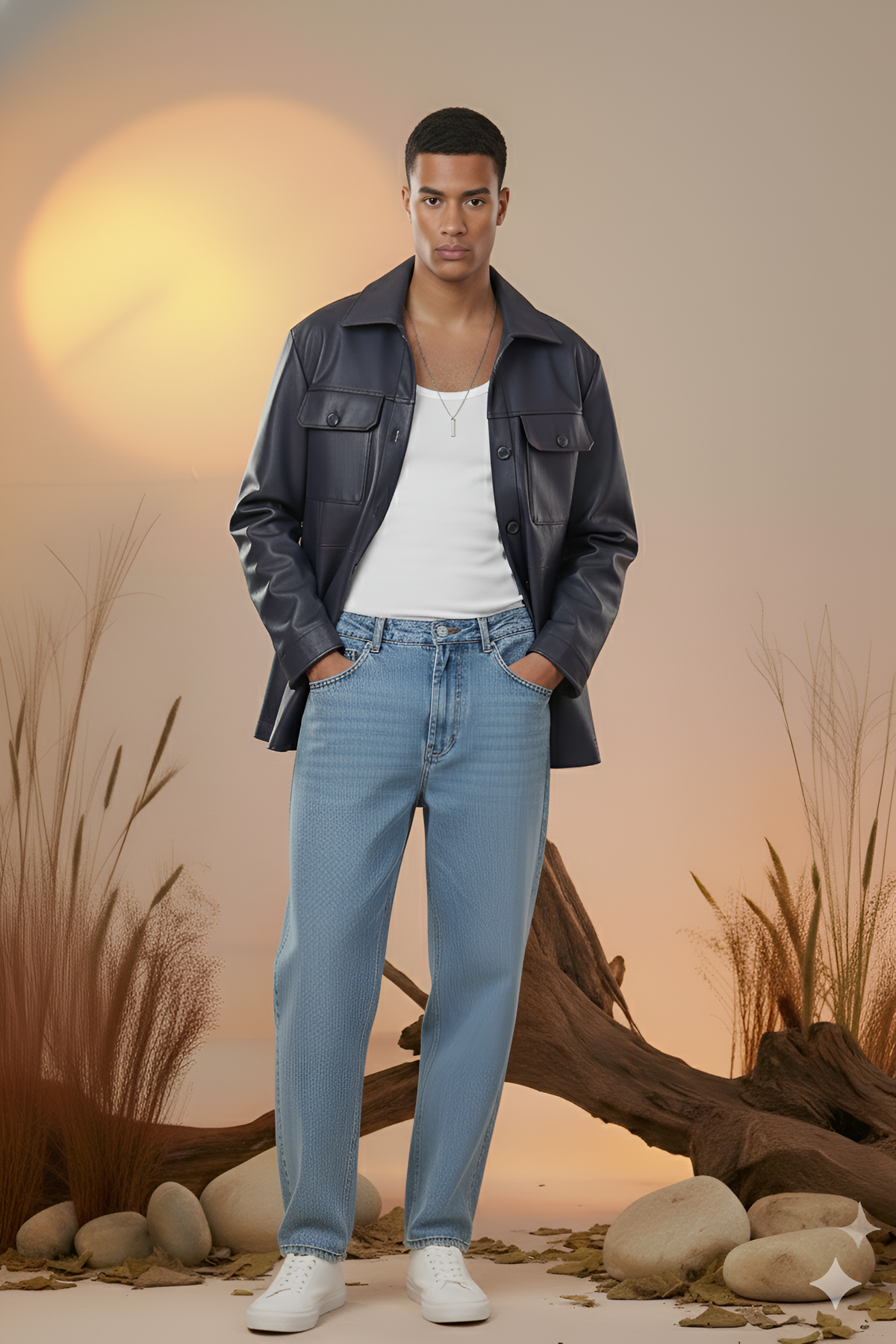 Utility Oversized Faux Leather Jacket-Navy Blue -Men