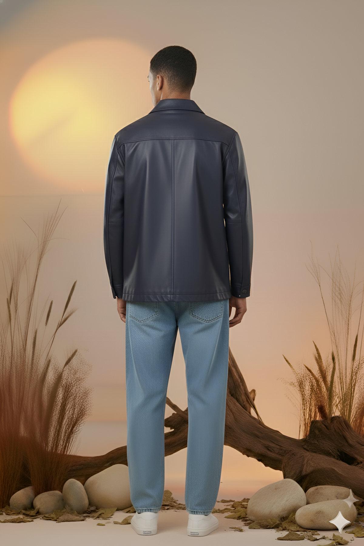 Utility Oversized Faux Leather Jacket-Navy Blue -Men