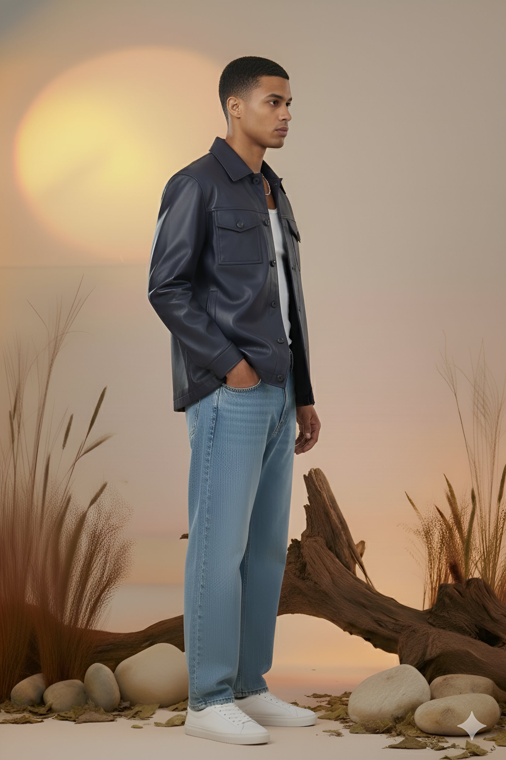 Utility Oversized Faux Leather Jacket-Navy Blue -Men