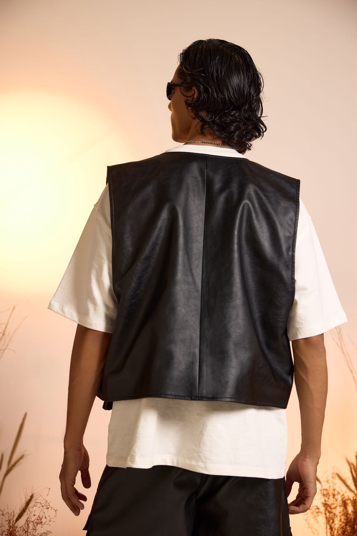 Faux Leather Oversized Gilet Jacket-Men