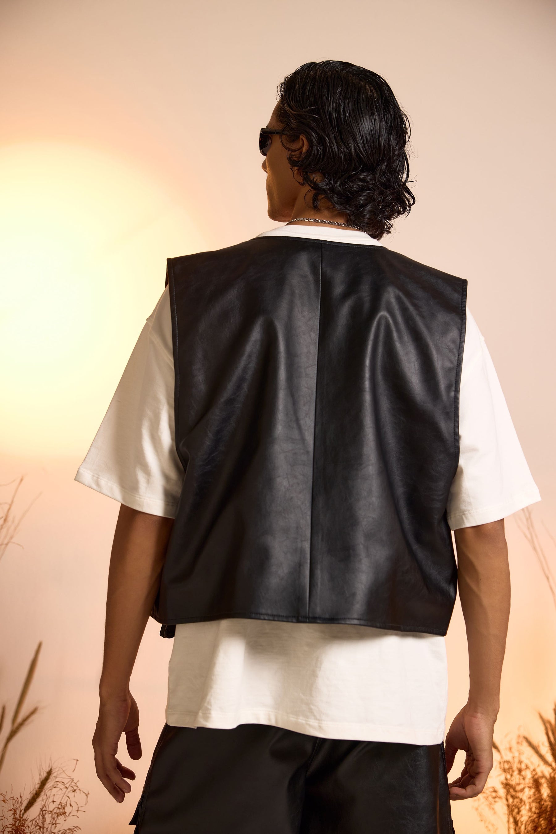 Faux Leather Oversized Gilet Jacket-Men - Main Image