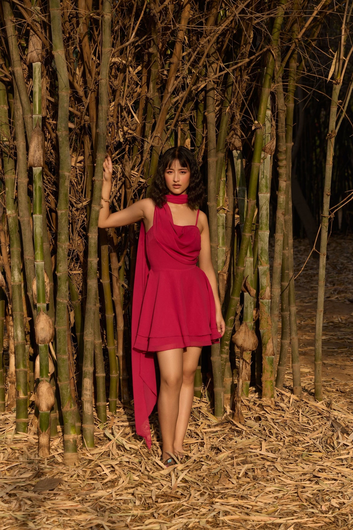 Fuchsia Draped Cowl Neck Mini Dress