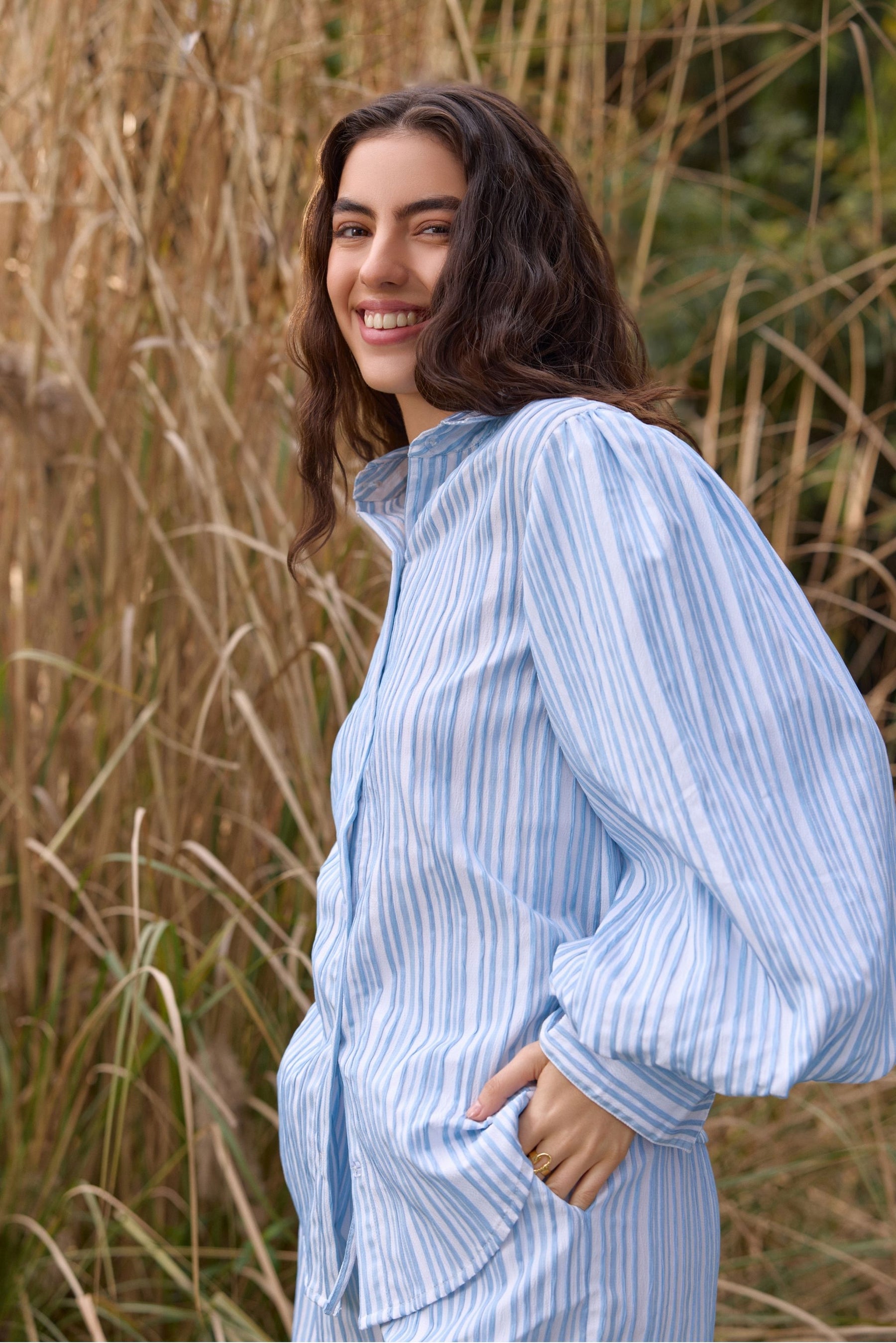 Blue Striped Balloon Sleeve Shirt