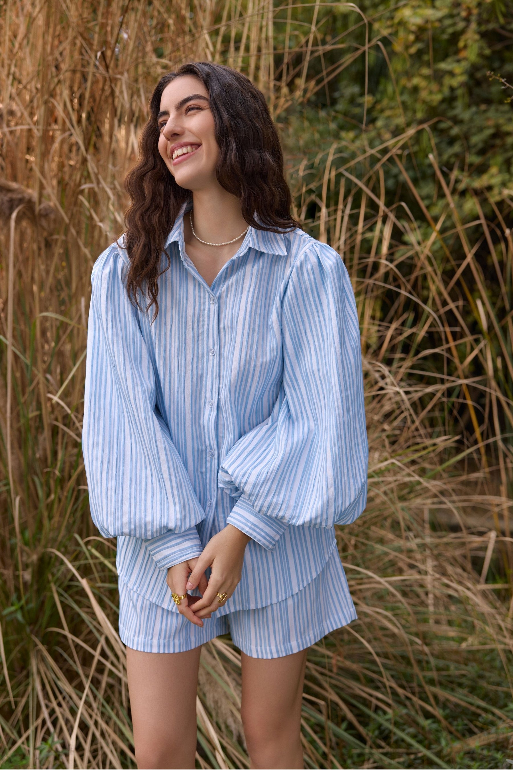 Blue Striped Balloon Sleeve Shirt