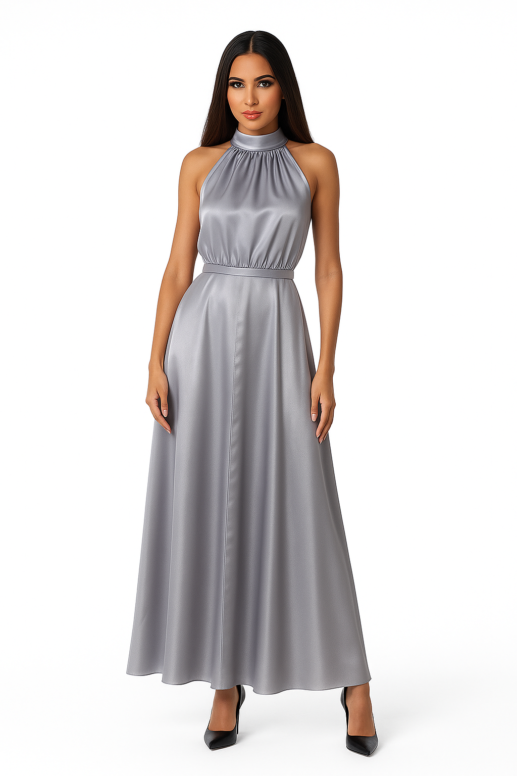 Silver Satin Halter Neck Dress with Scarf
