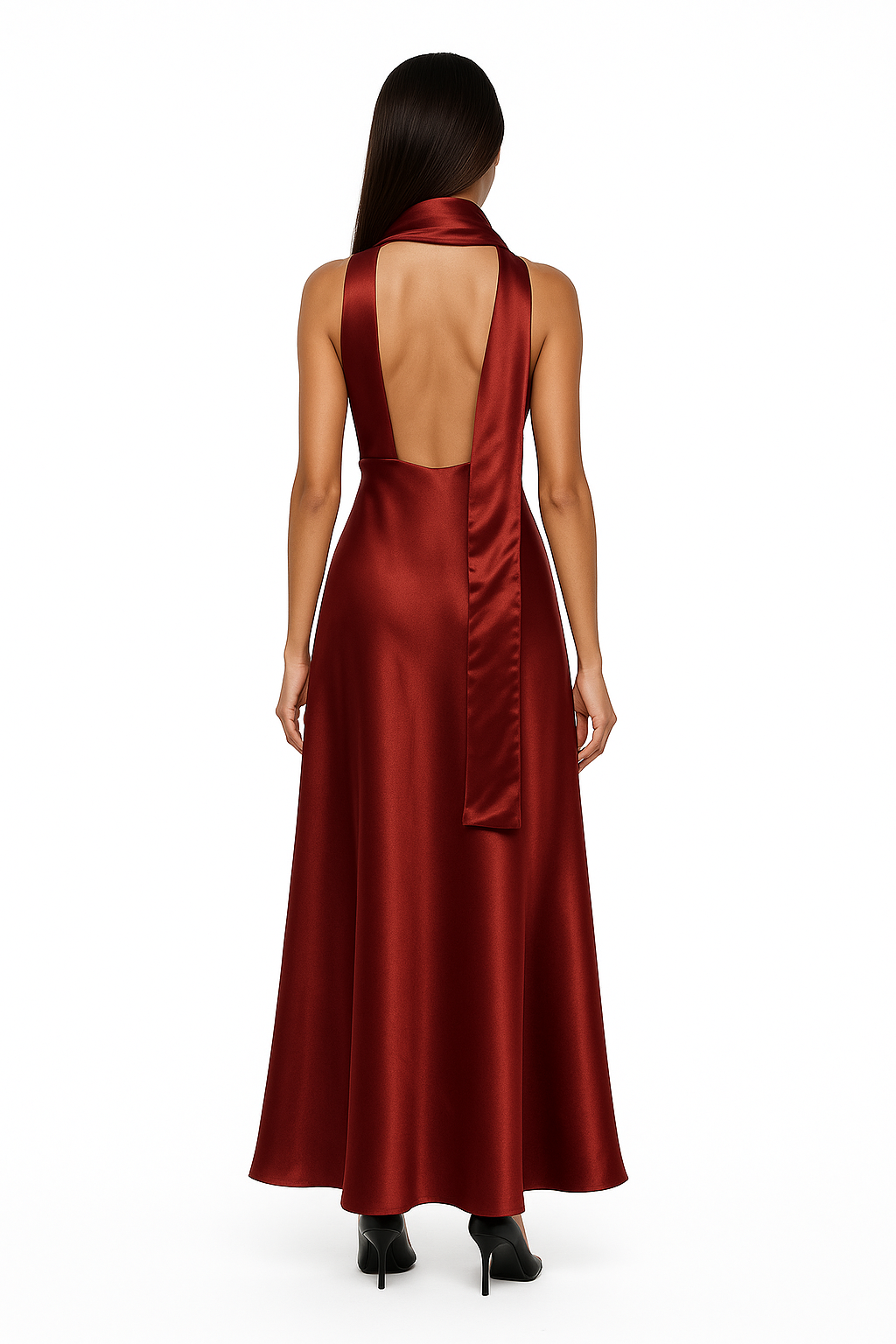 Crimson Allure Deep V Satin Maxi Dress