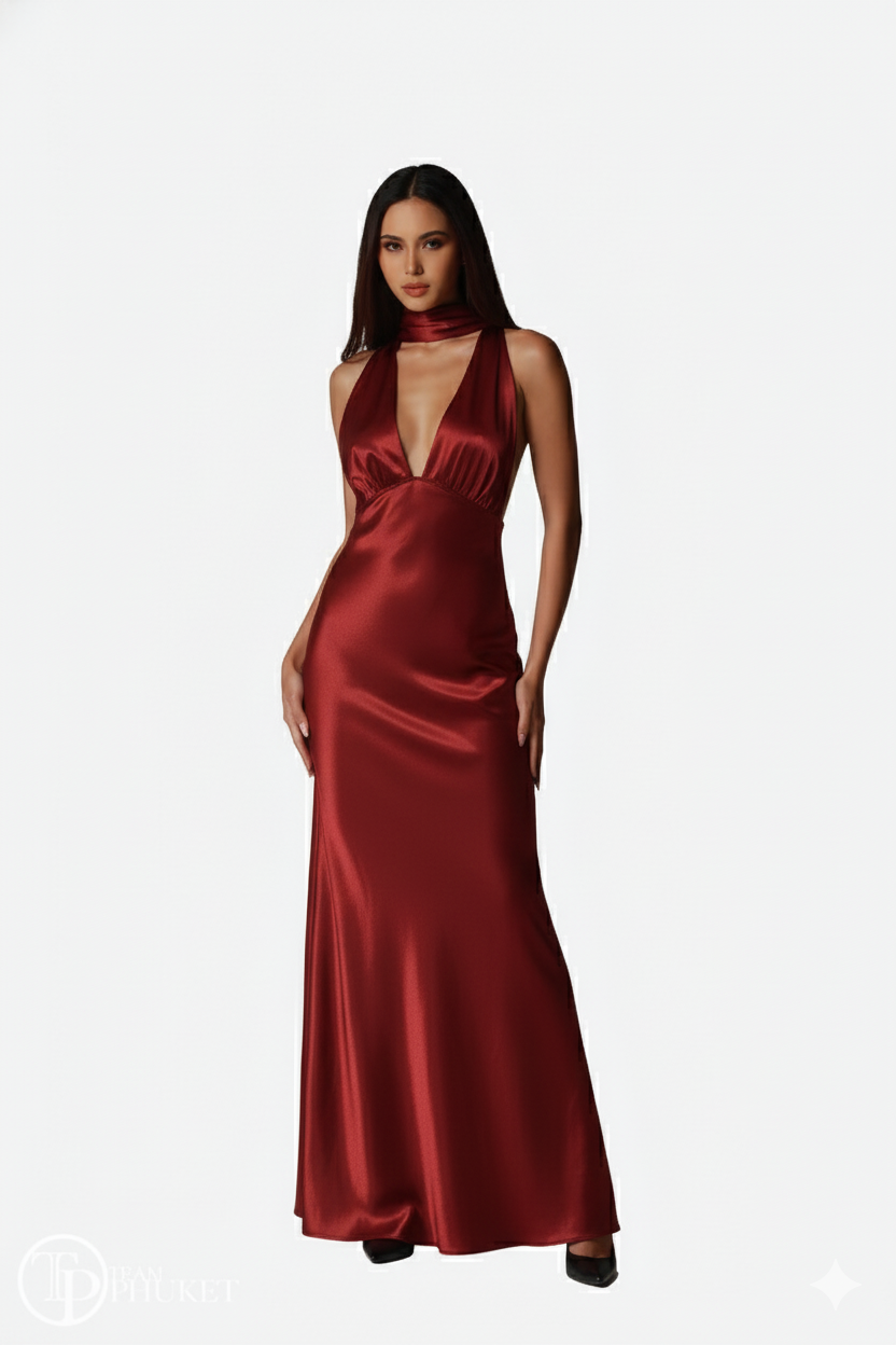 Crimson Allure Deep V Satin Maxi Dress