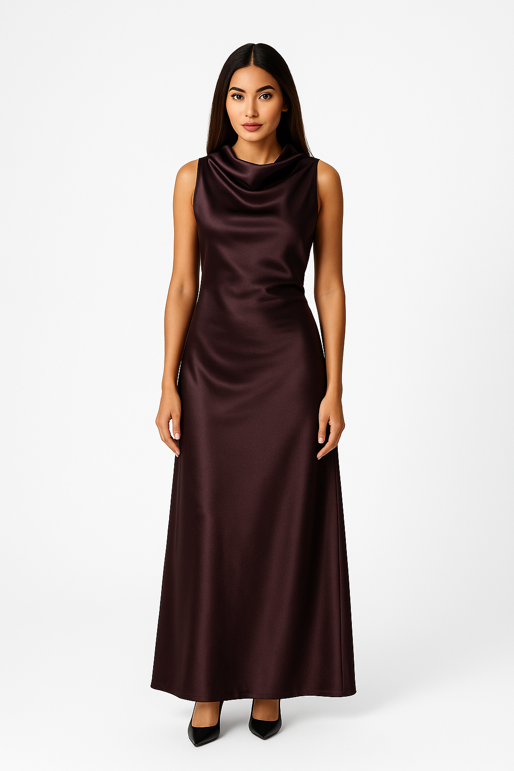 Midnight Plum Cowl Back Satin Maxi Dress