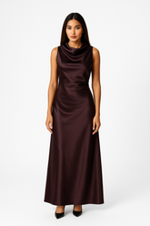 Midnight Plum Cowl Back Satin Maxi Dress
